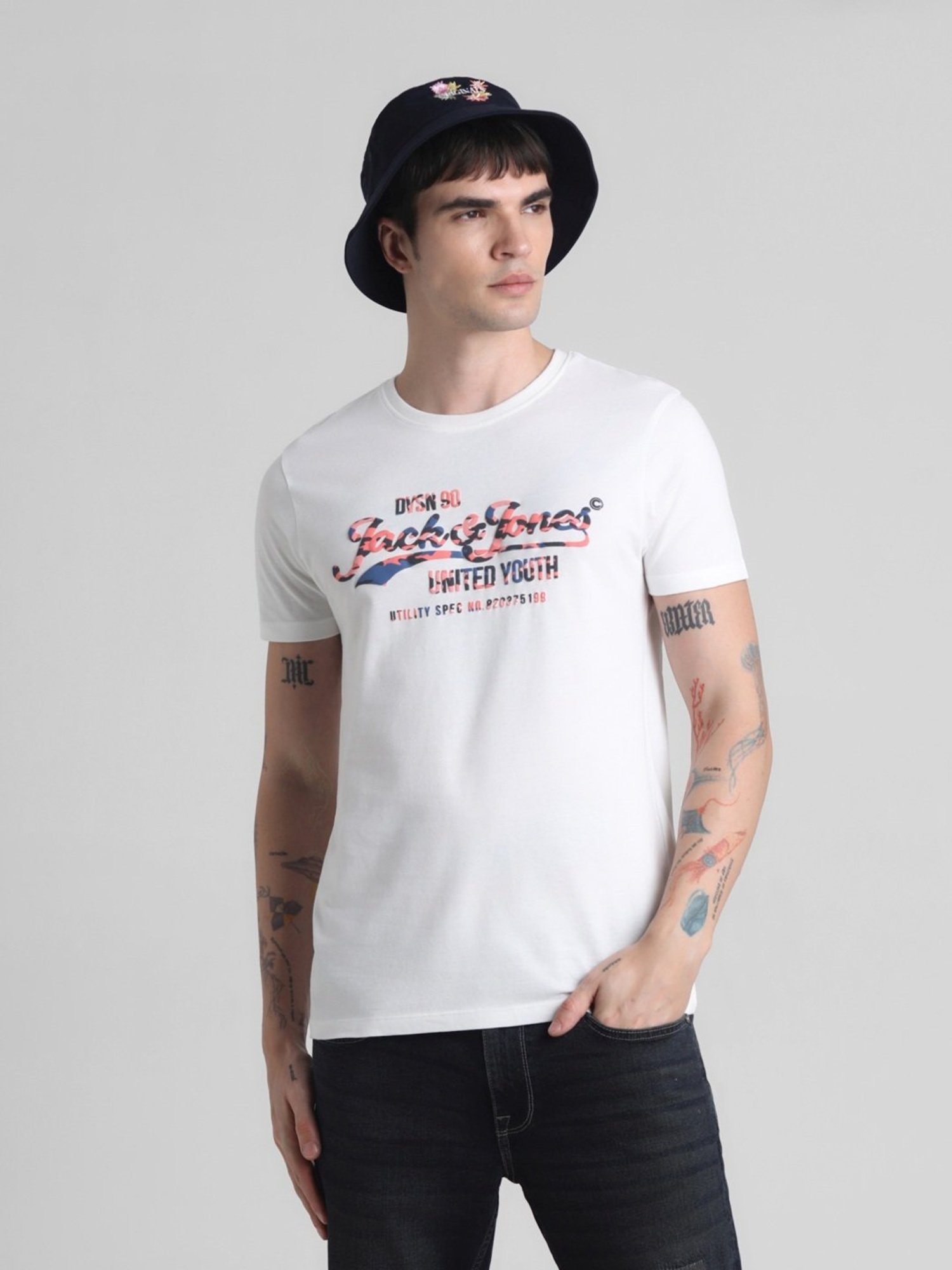 Jack & Jones Cloud Dancer Cotton Slim Fit Printed T-Shirt