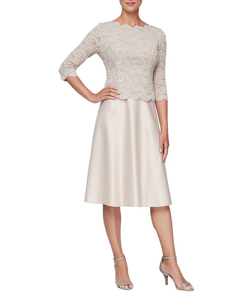 Alex Evenings 3/4 Sleeve Stretch Lace Scalloped Jewel Neck Dress