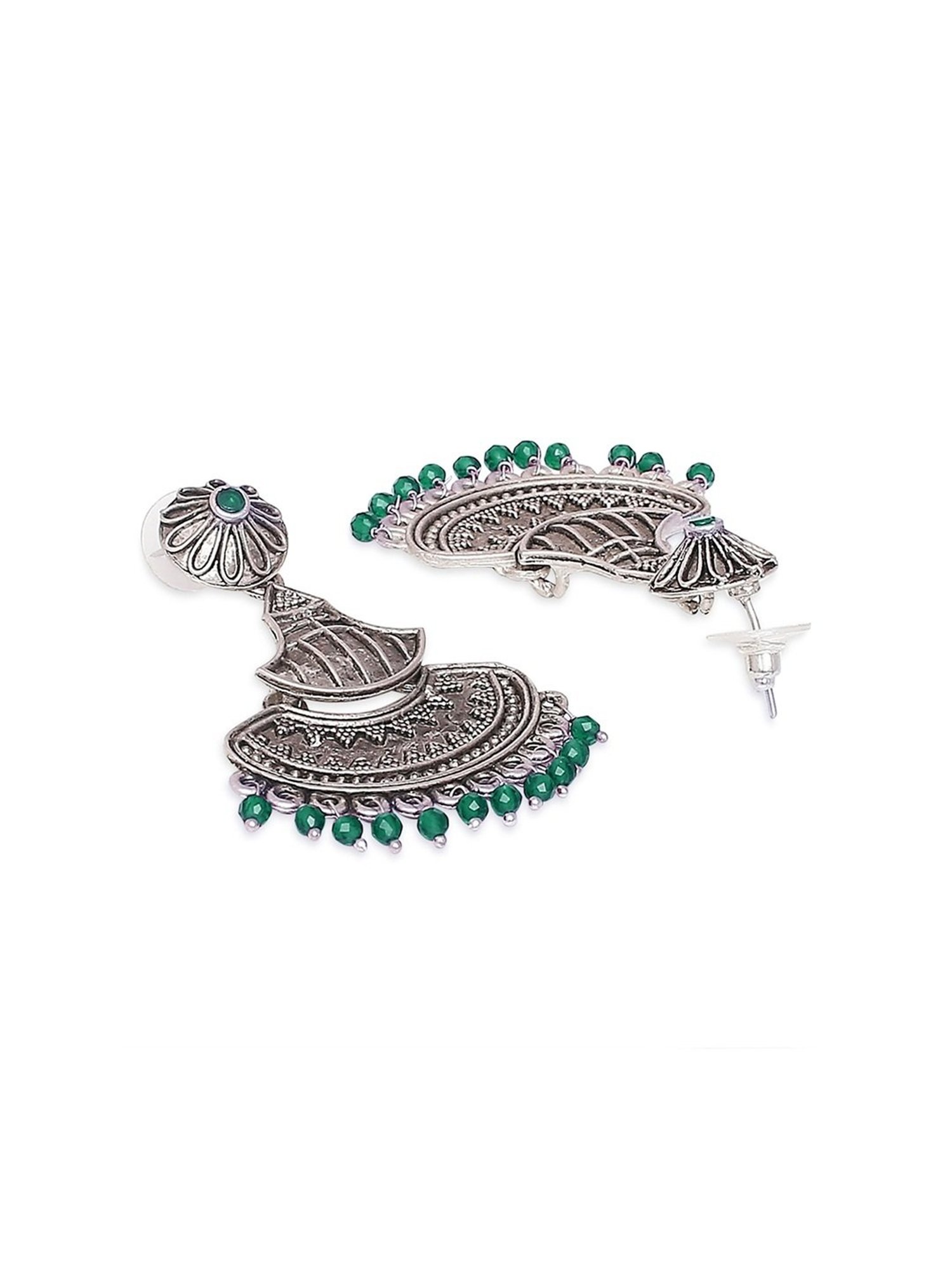 Oomph Jewellery Oxidized Silver Ethnic Silver Look Alike Green Beads Dangler Earrings