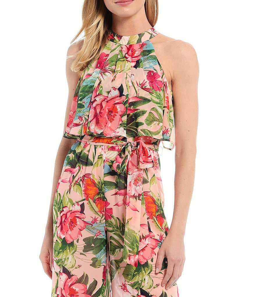 Eliza J Floral Chiffon Sleeveless Tiered Popover Jumpsuit