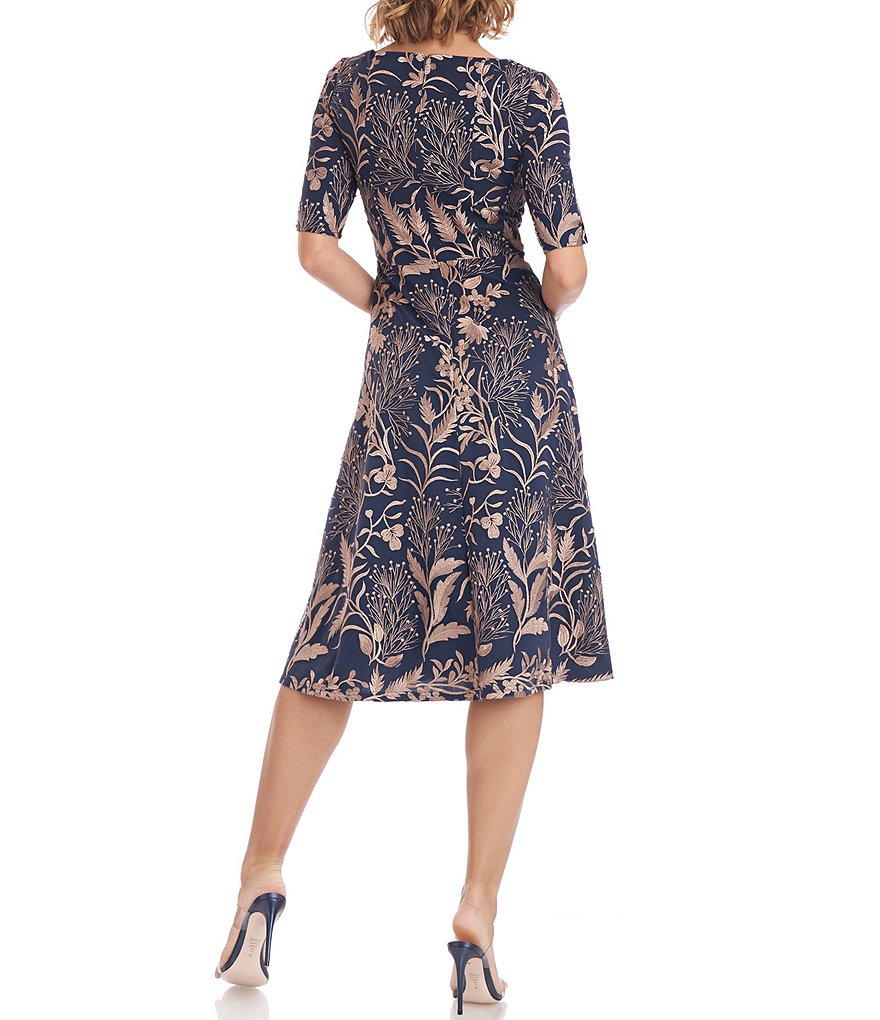 JS Collections Tilly V-Neck Short Elbow Sleeve Embroidered Midi Dress