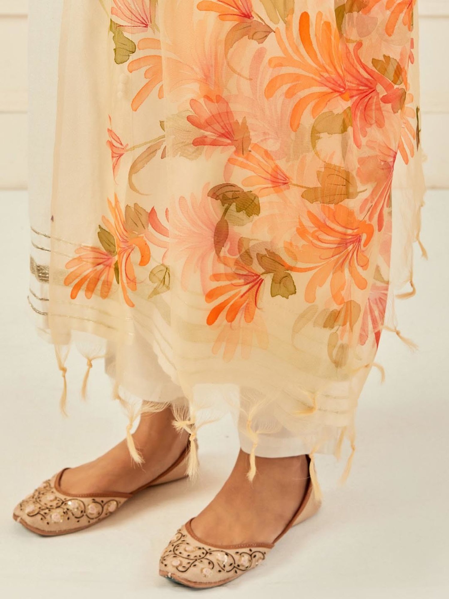 Geroo Jaipur Yellow Hand-Painted Organza Dupatta with Tassels