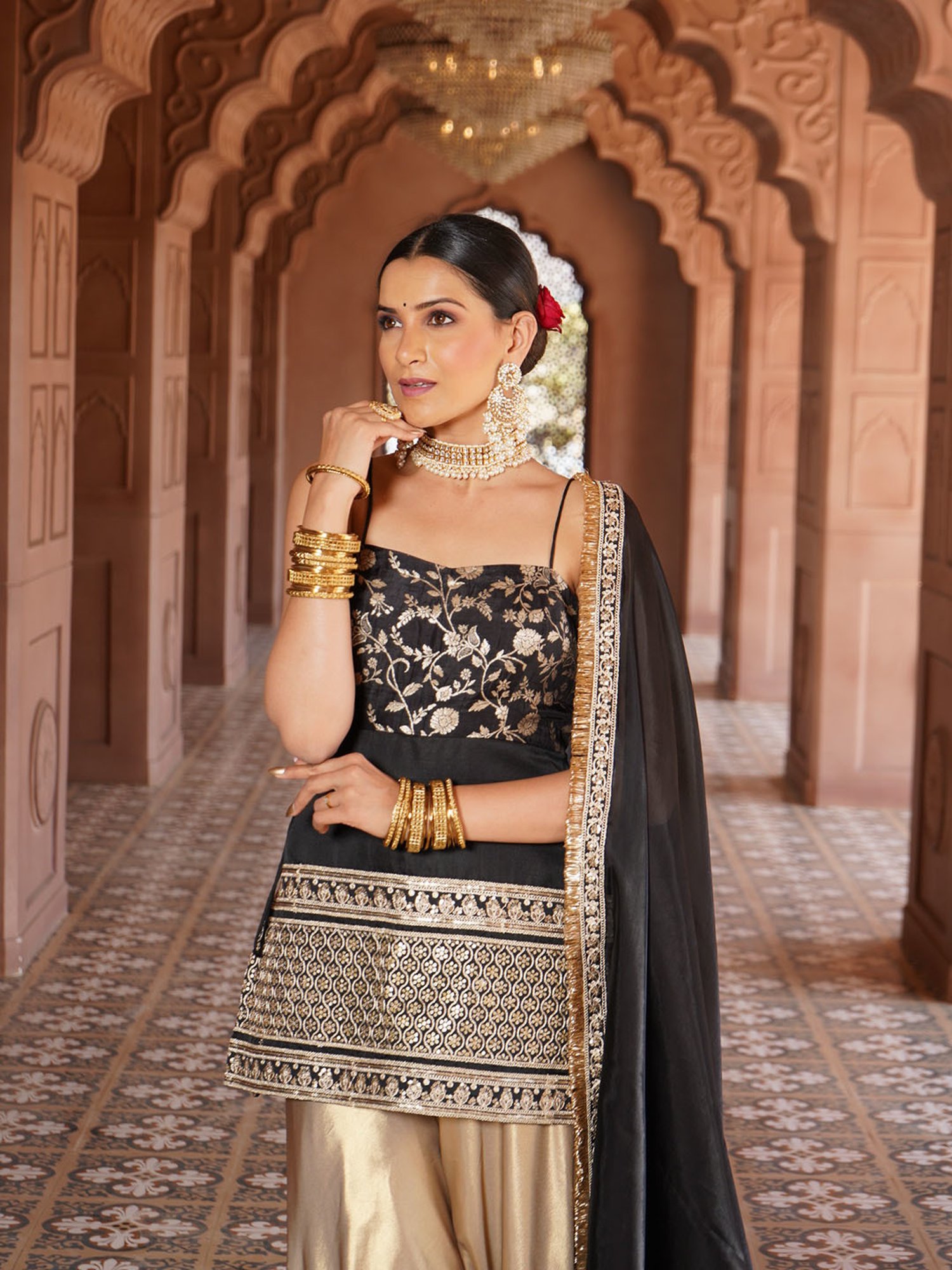 Monk and Mei Aza Satin Sharara Pants with Cape