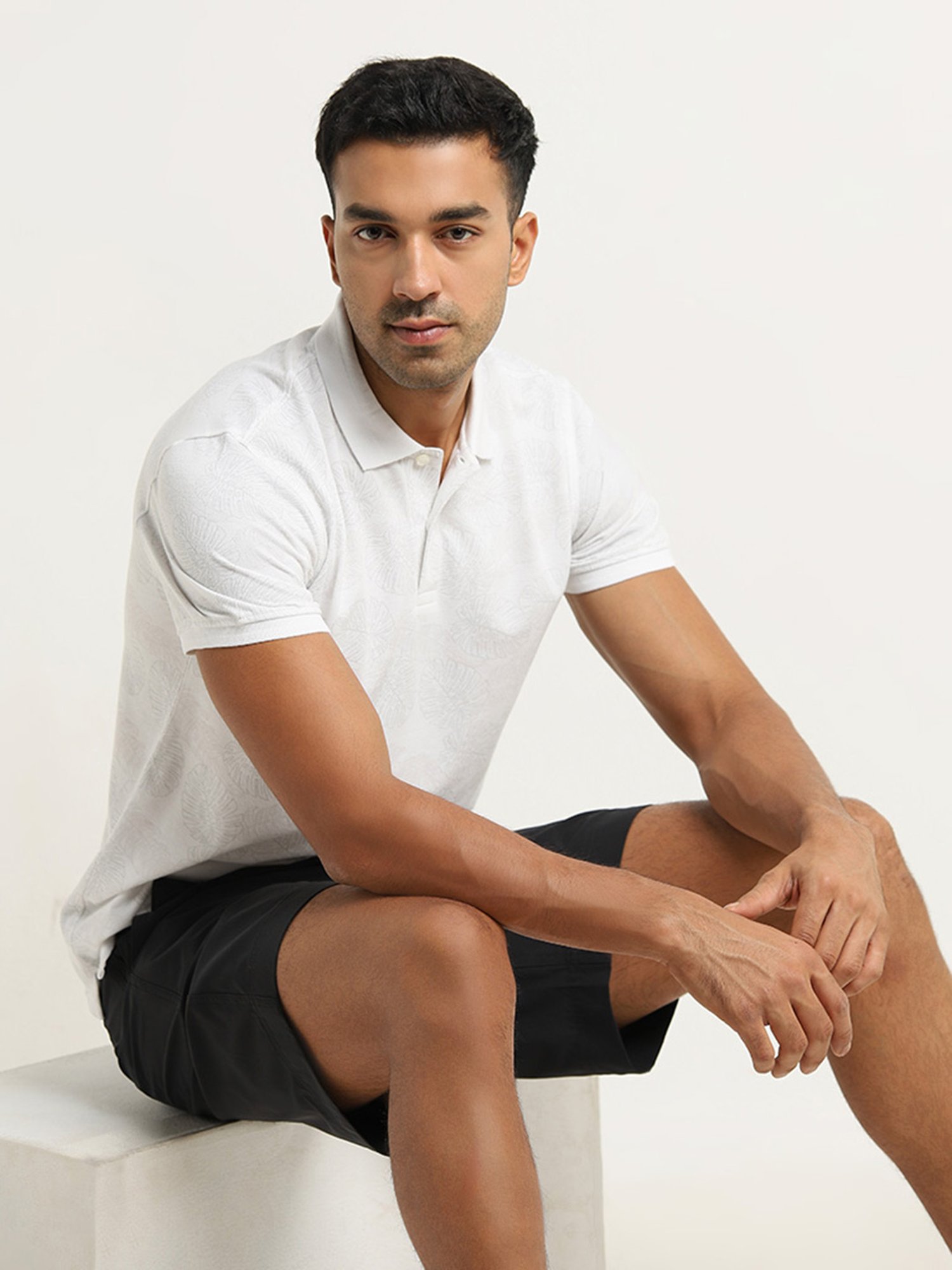 WES Casuals by Westside Light Grey Leaf-Printed Slim Fit Polo T-Shirt