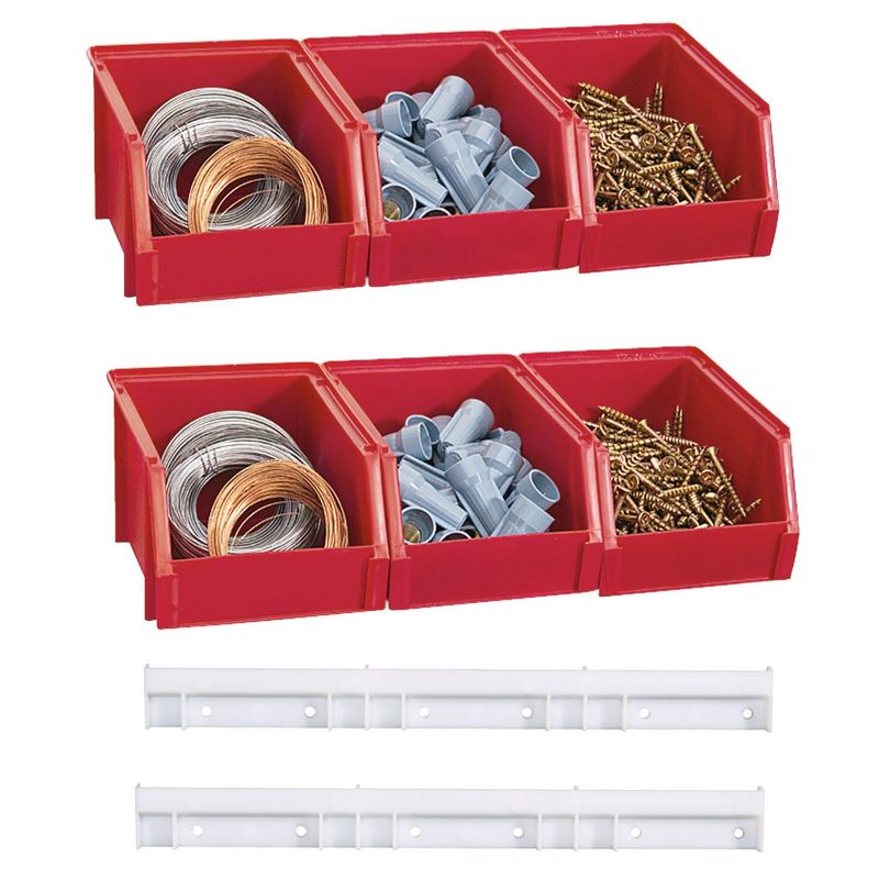 Stack-On BIN-503-Pack Small Parts Storage and Organization Home Garage, Tool, Craft, Hobby Organizer Container Box Bins with Hangers, Red (6 Pack)