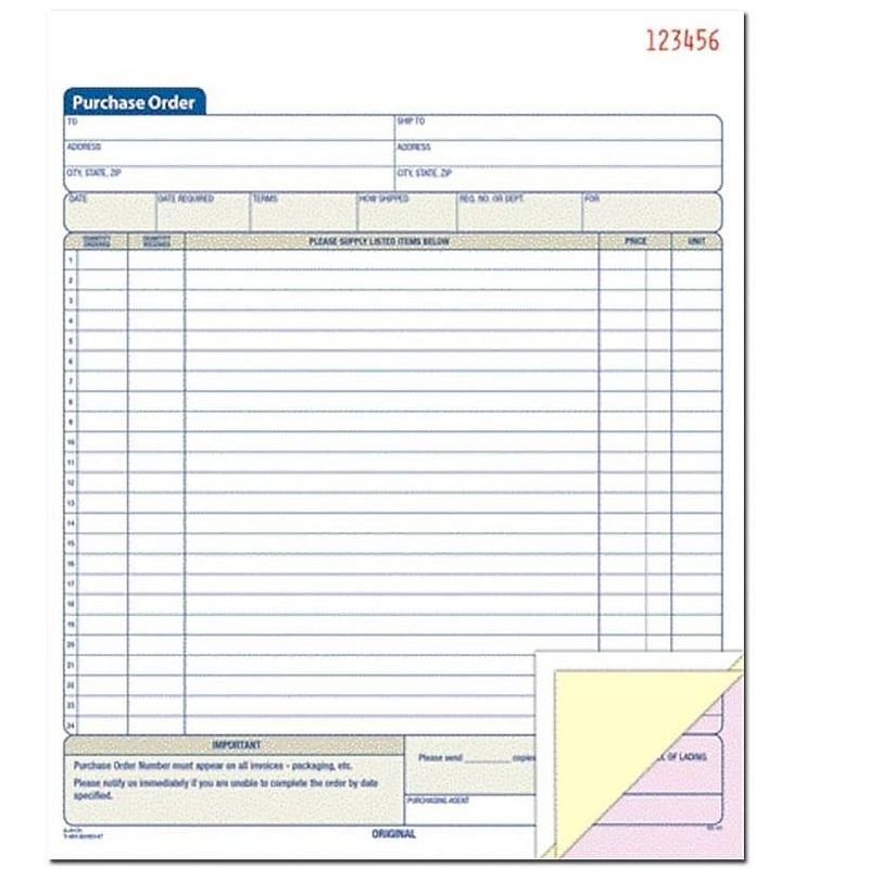 Adams Purchase Order Book Carbonless 3-Part 8-3/8"x10-11/16" WE TC8131