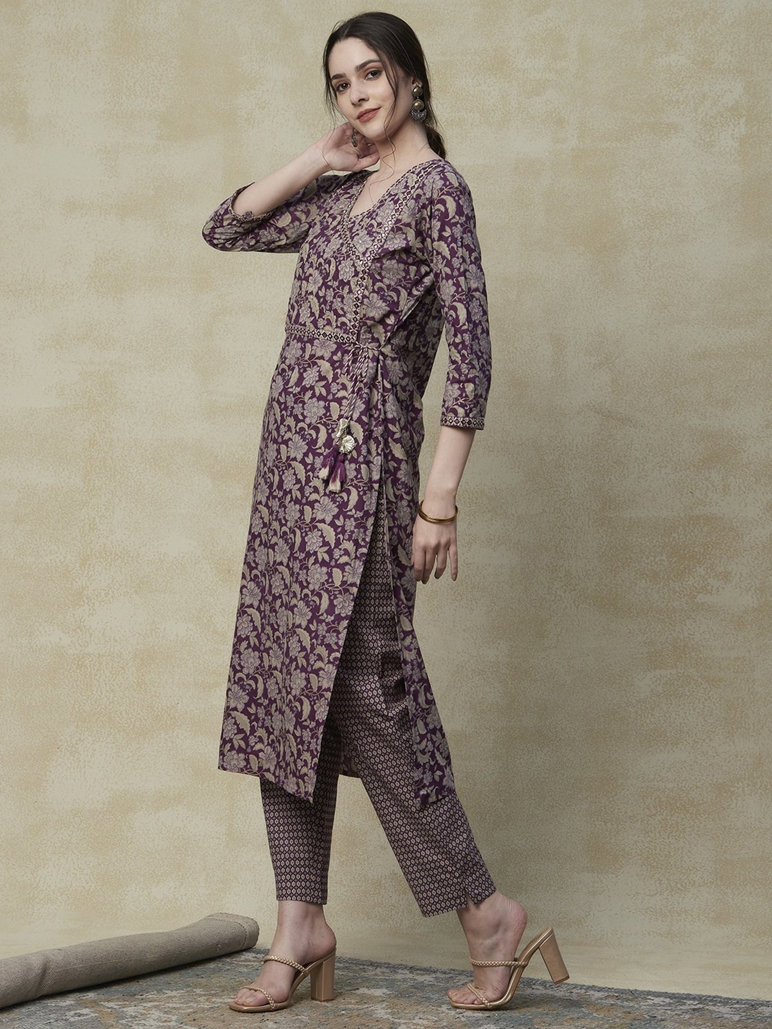 Fashor Purple Cotton Printed Kurta Pant Set