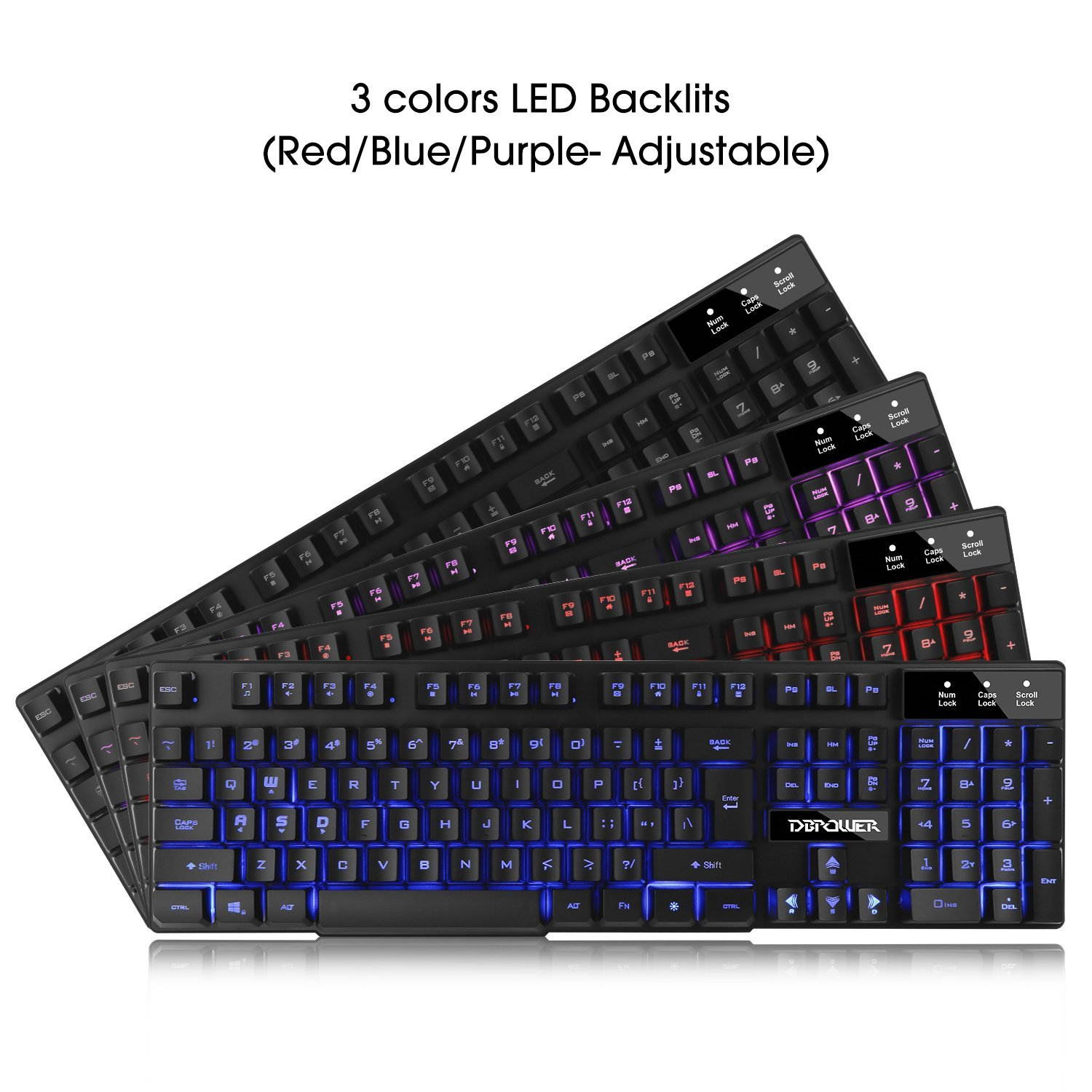 Keyboards, 104-key Led Gaming Keyboard, Three Colors Backlit LED Keyboard for Gaming, Office, 19 Non-Conflict Keys ,waterproof and splashproof, Removable Keycaps, Strengthened Space Key,