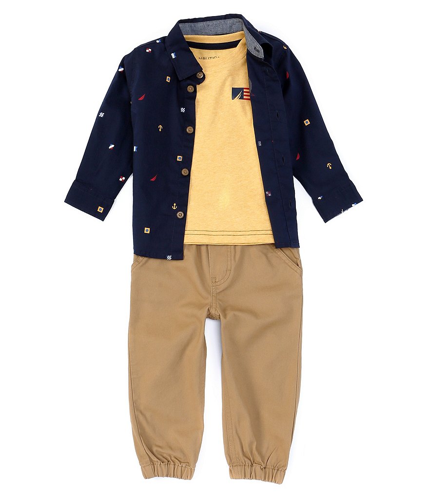 Nautica Baby Boys 12-24 Months Long-Sleeve Printed Woven Poplin Shirt, Short-Sleeve Tee & Twill Jogger Pants Set