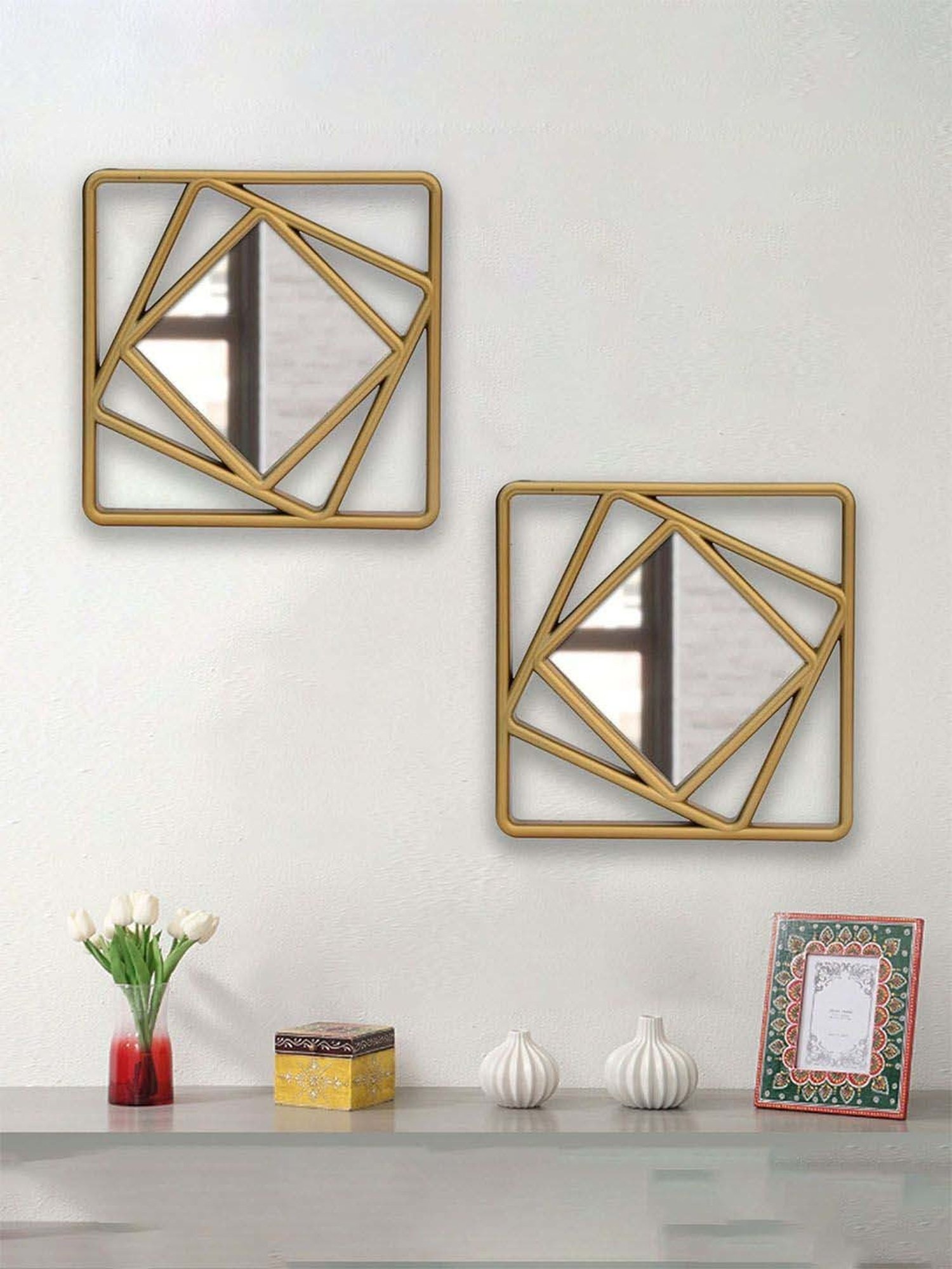 Art Street Gold Plastic Square Shape Decorative Wall Mirror - Set of 2