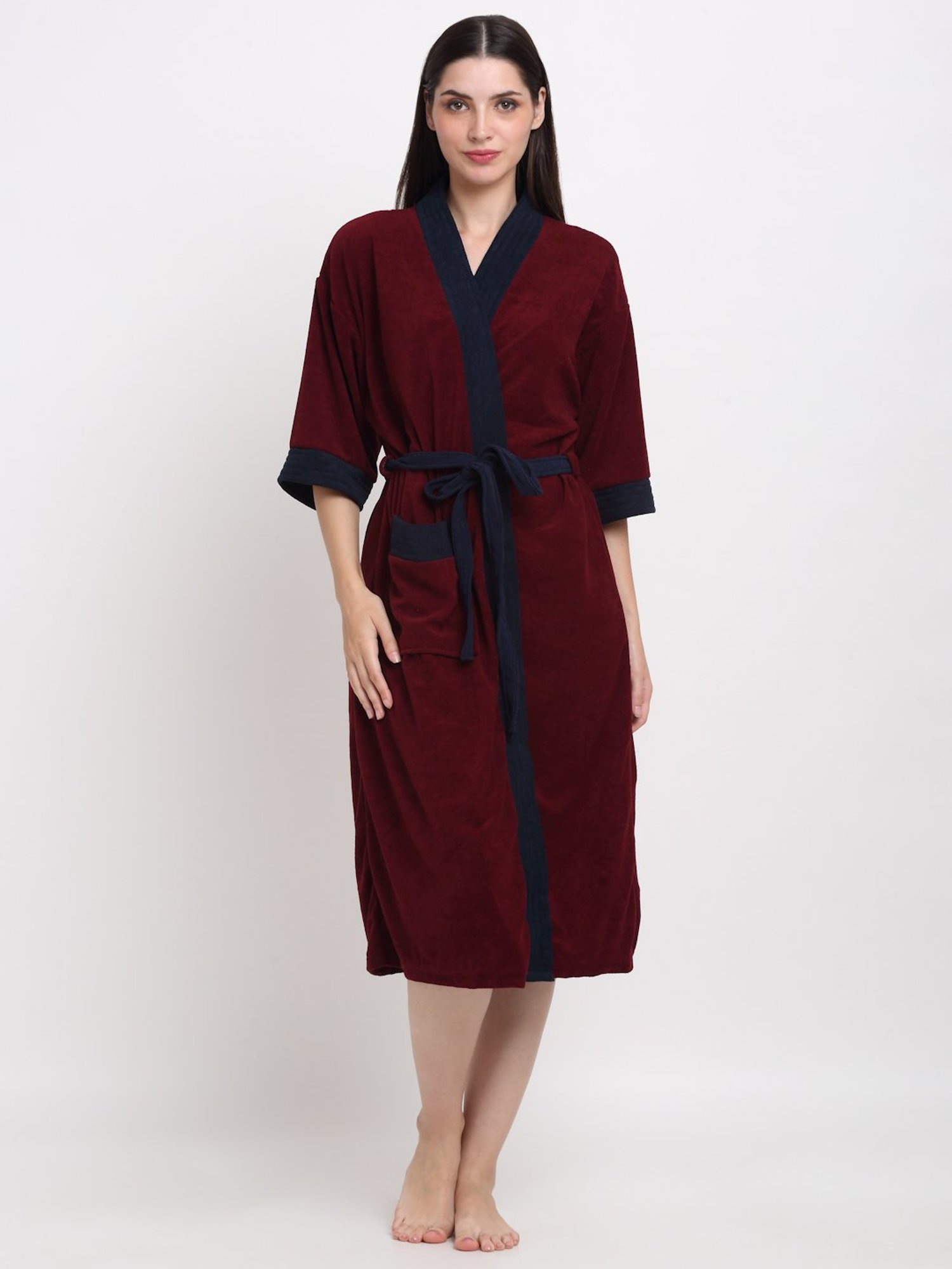 Creeva Everyday Wine & Navy 225 GSM Micro Terry Bathrobe with Front Pocket & Kimono Collar