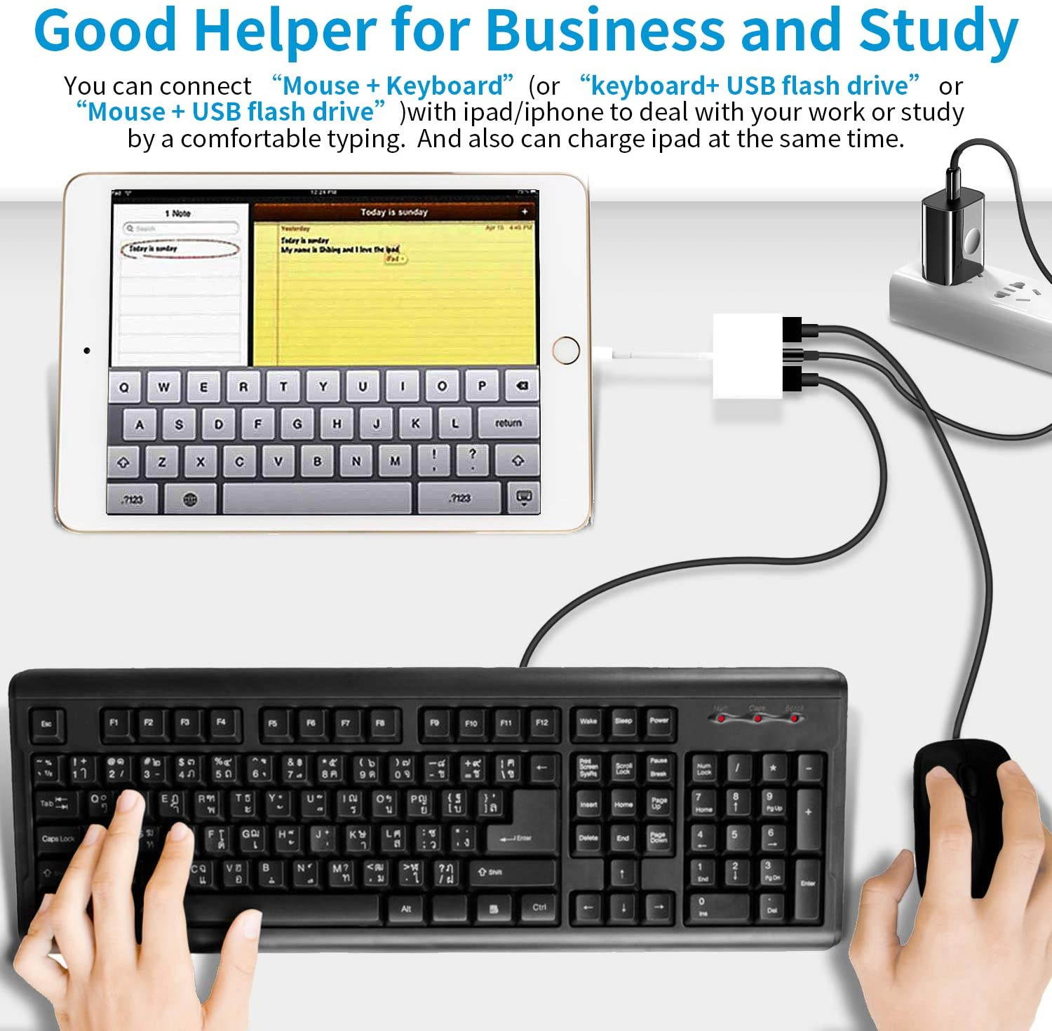 Dual USB Camera Adapter with Charging Port, 3 in 1 USB Female OTG Cable Compatible with iPhone/iPad, Support iOS 9.2 to 13+, USB Flash Drive, Card Reader, Mouse, Keyboard, Upto 500mAh (White)