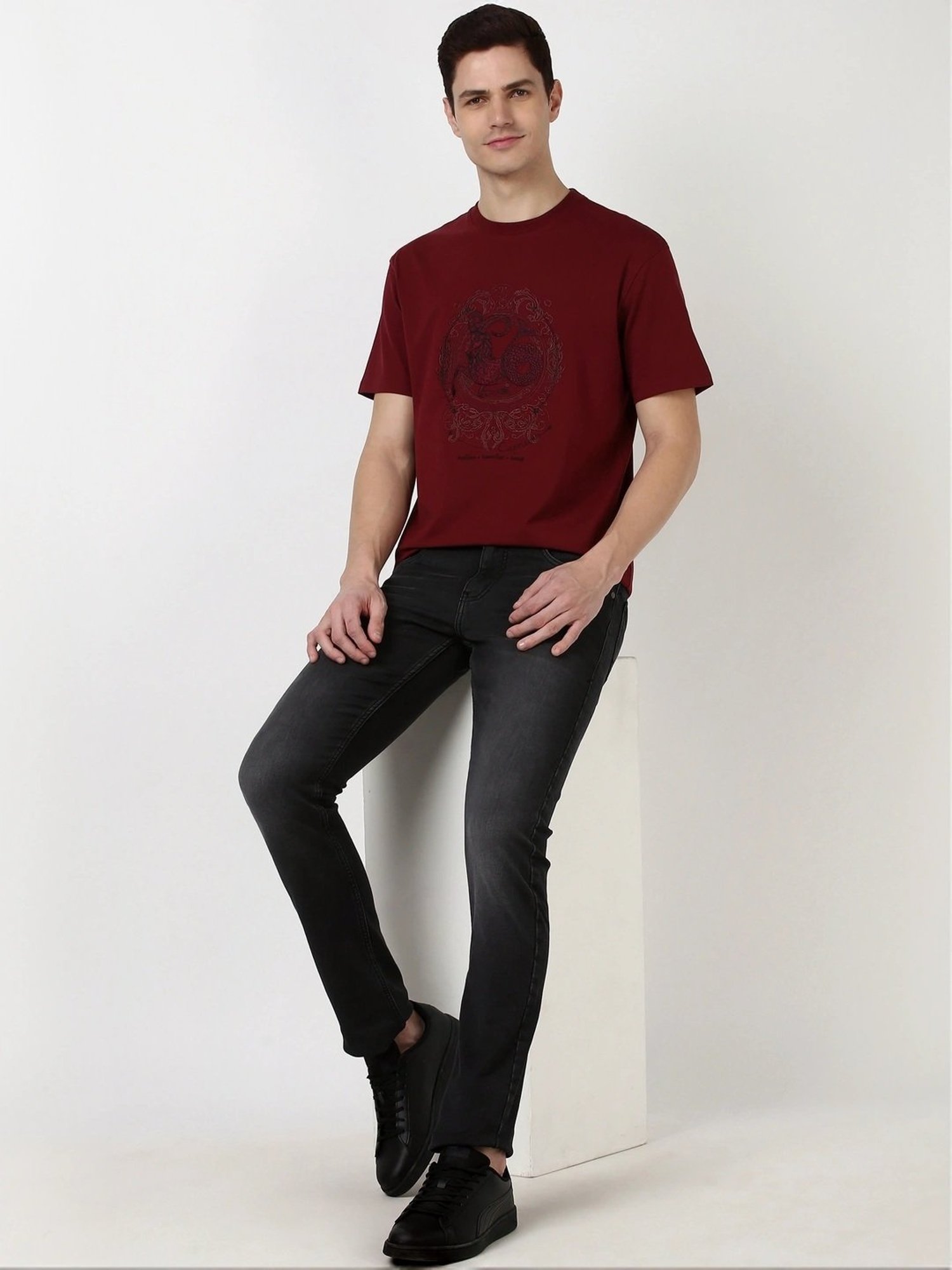 Peter England Casuals Maroon Cotton Regular Fit Embroidered T-Shirt