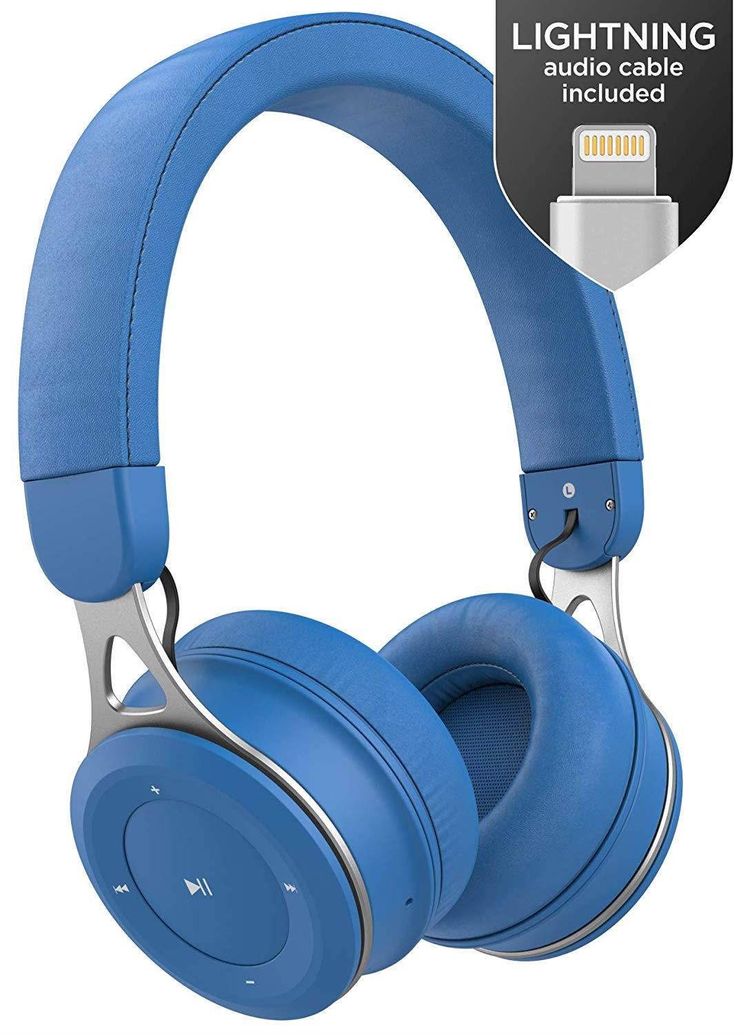 Thore Wireless Headphones for Kids with iPhone Compatible Connector (Apple MFi Certified) Lightning Audio Cable - Lightweight Bluetooth Childrens Earphones, On Ear Adjustable Best Fit - Azure Blue