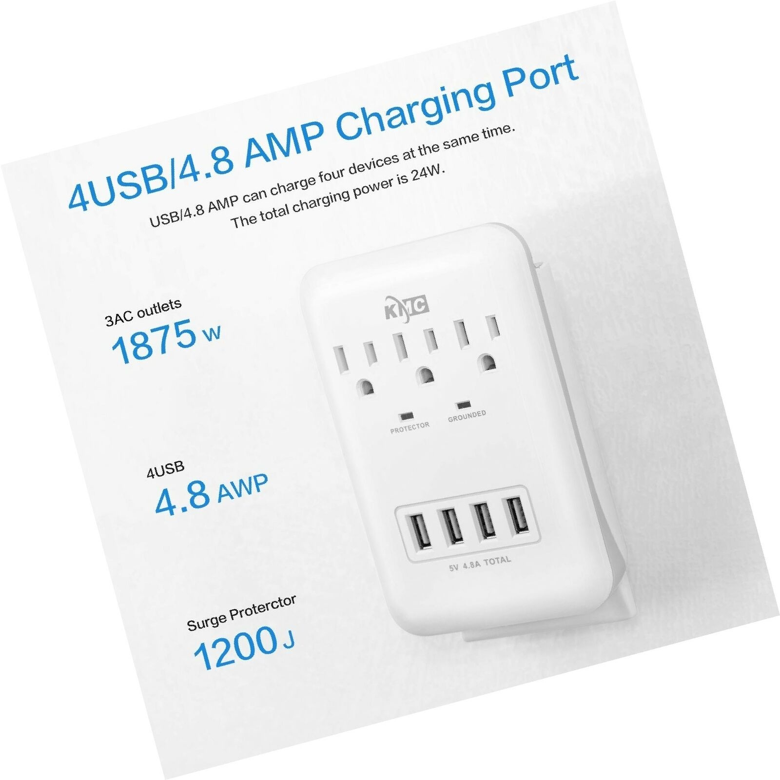 KMC 3-Outlet Wall Mount Surge Protector 900 Joules with 4.8 AMP USB Charging ...