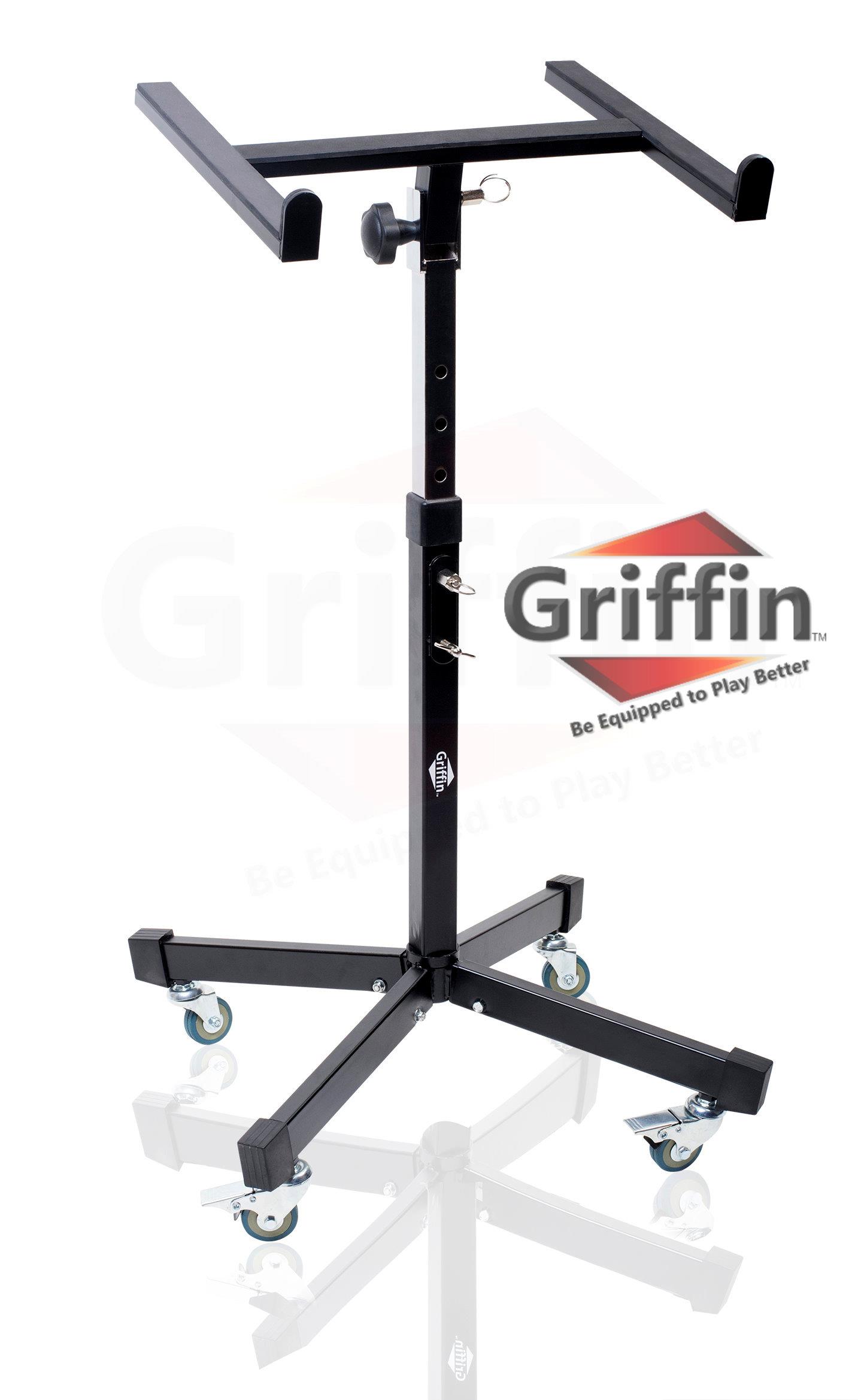 mobile studio mixer stand dj cart by griffin | rolling standing rack on casters with adjustable height|portable turntable | protect your digital audio gear and music equipment|heavy duty construction