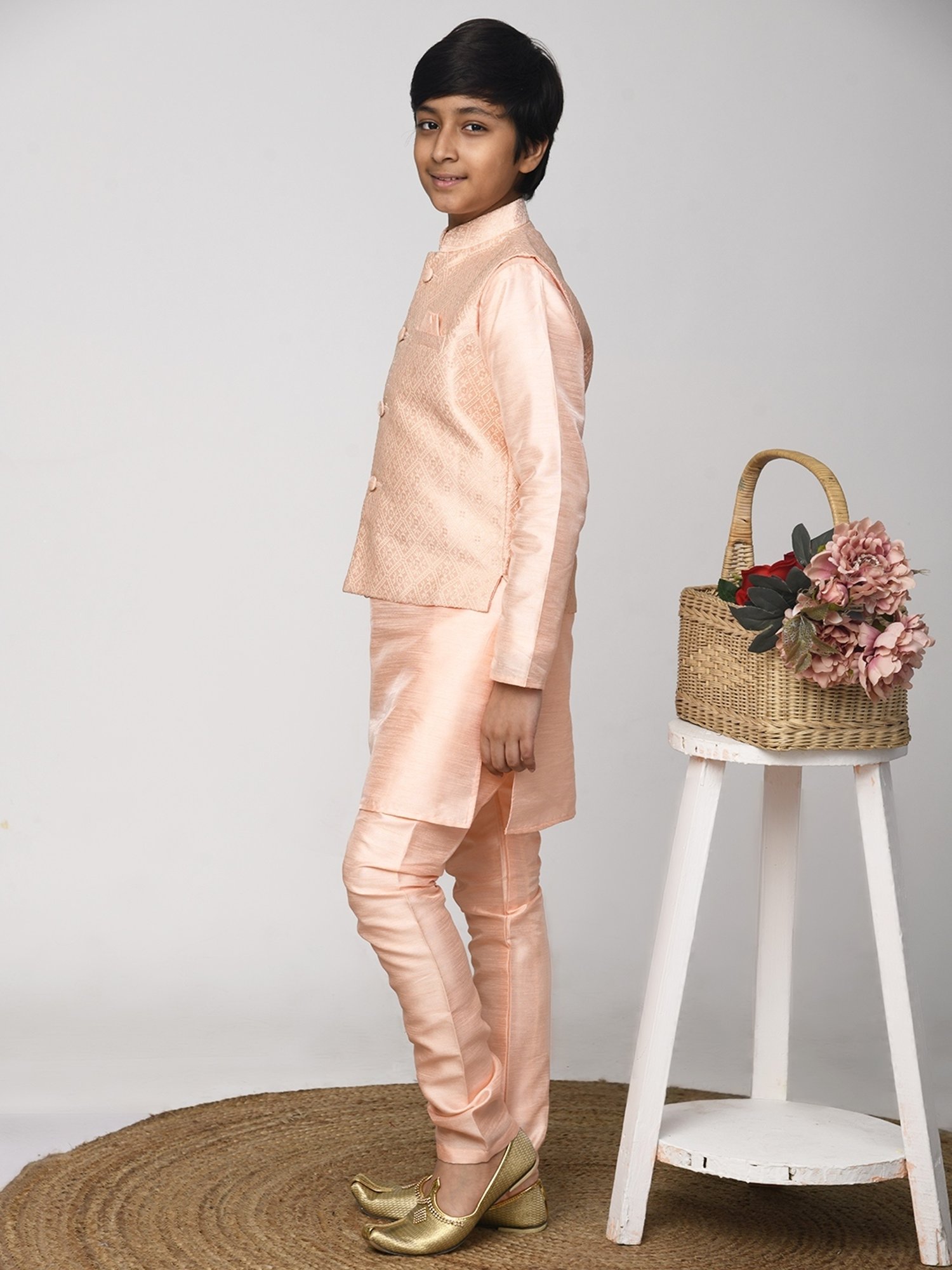 Lilpicks Kids Peach Textured Pattern Full Sleeves Kurta Set