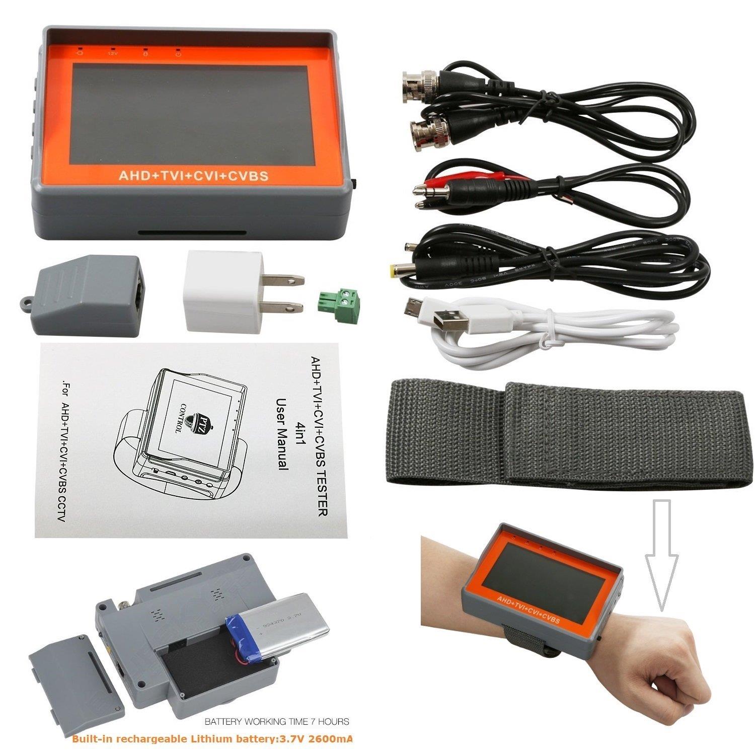 4.3 Inch Wrist CCTV Tester, ZUEXT 4 in 1 1080P Portable Camera Tester AHD TVI CVI CVBS Tester TFT LCD Monitor Analog Video Test Cable Test PTZ Control 12V Power Output