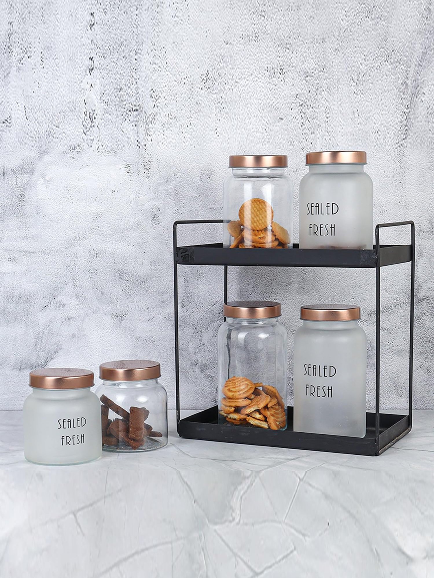 Femora Transparent Glass Storage Jar With Gold Lid (1 L) - Set of 2