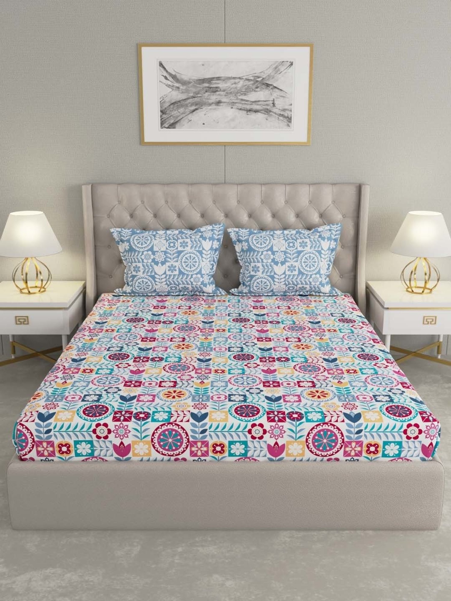 House This Juniper Blue Cotton 600 TC Double Size Bedsheet With Pillow Covers