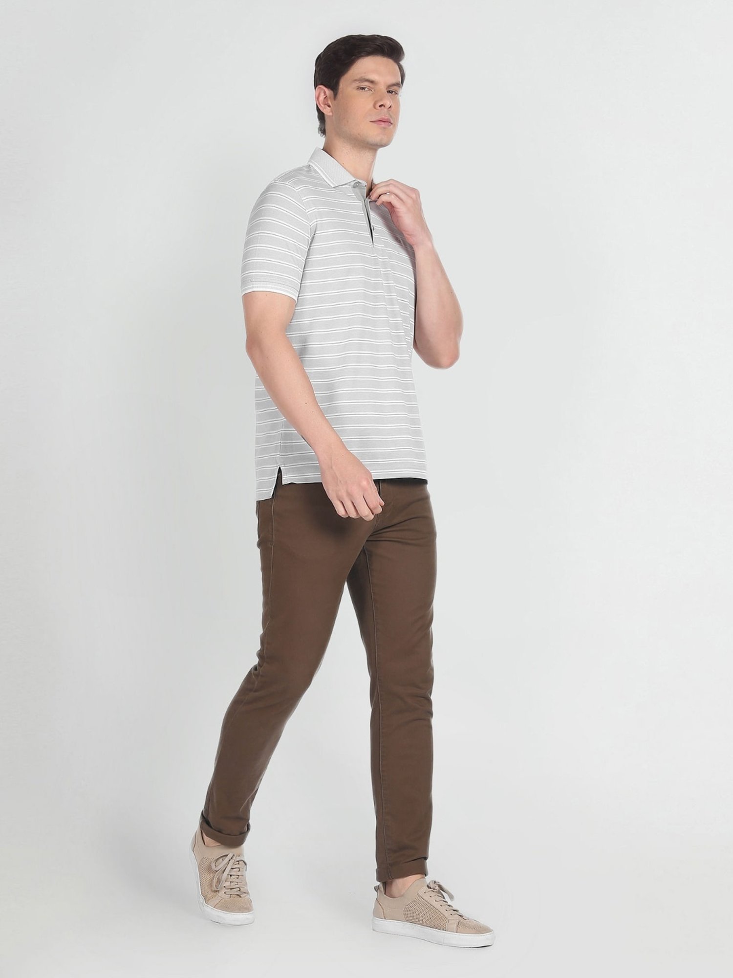 Arrow Grey Cotton Regular Fit Striped Polo T-Shirt
