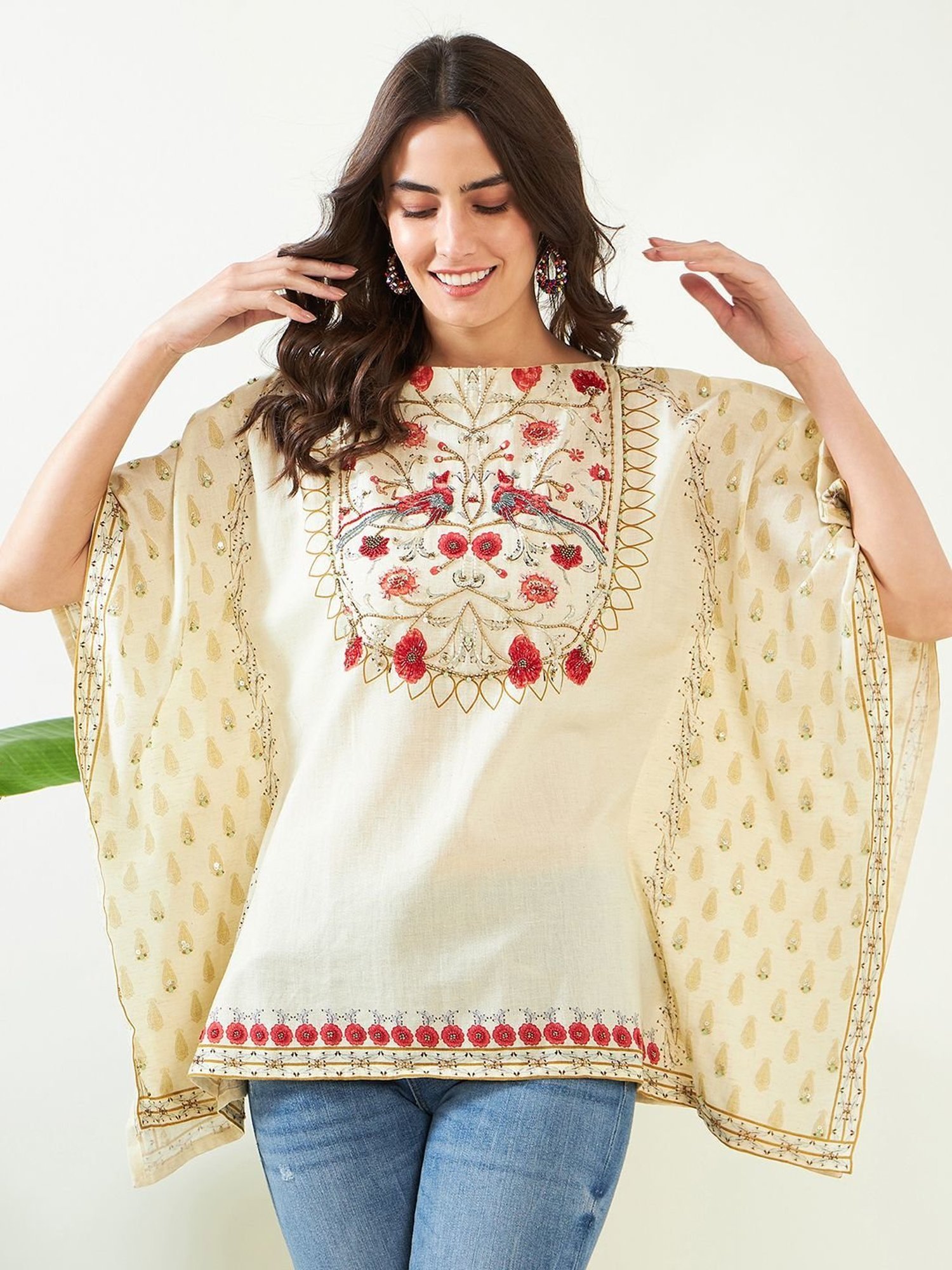 The Kaftan Company Ivory Viscose Embroidery Kaftan