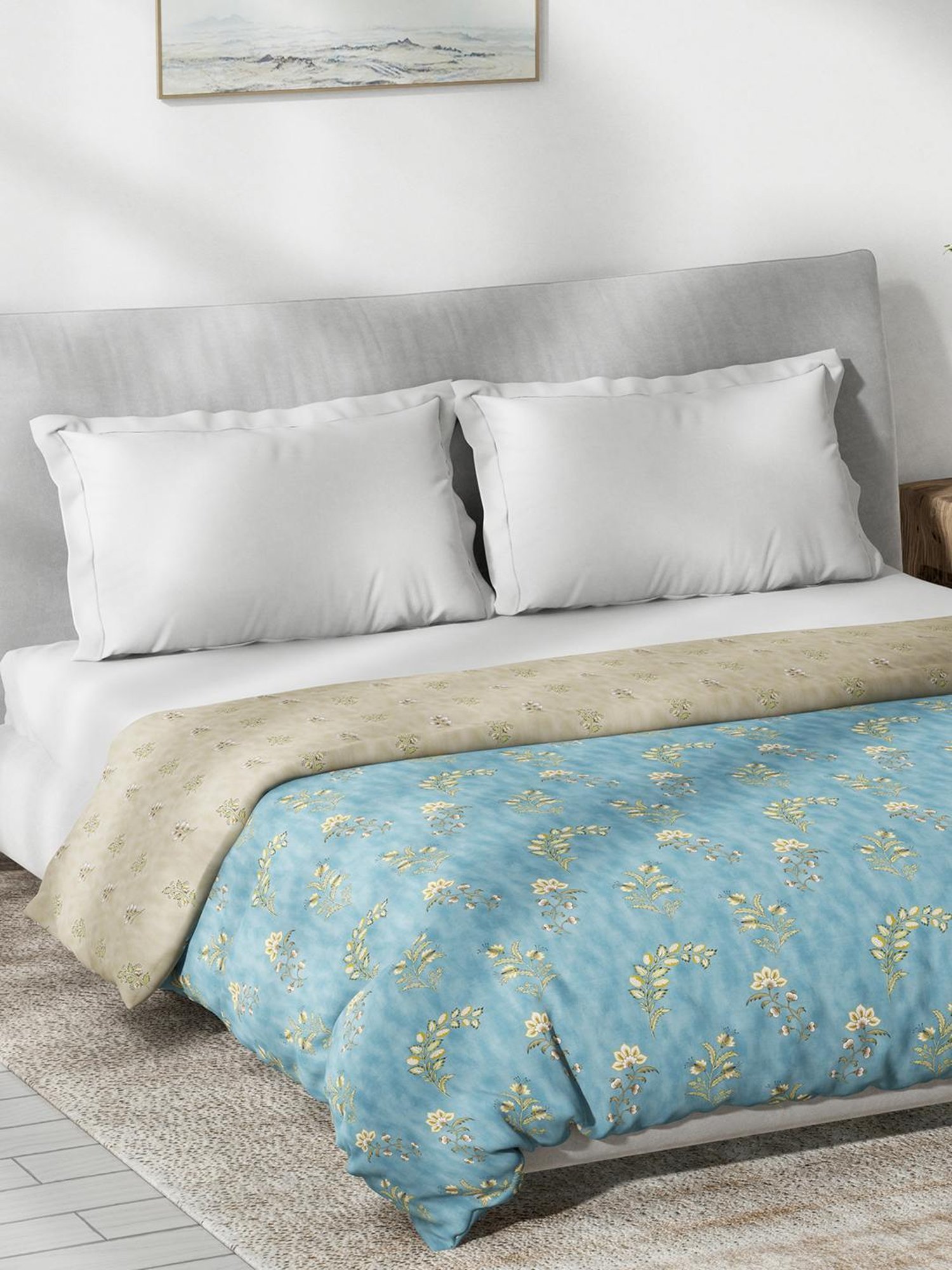 DDecor Floral Blue 150 TC Cotton Queen Reversible Dohar