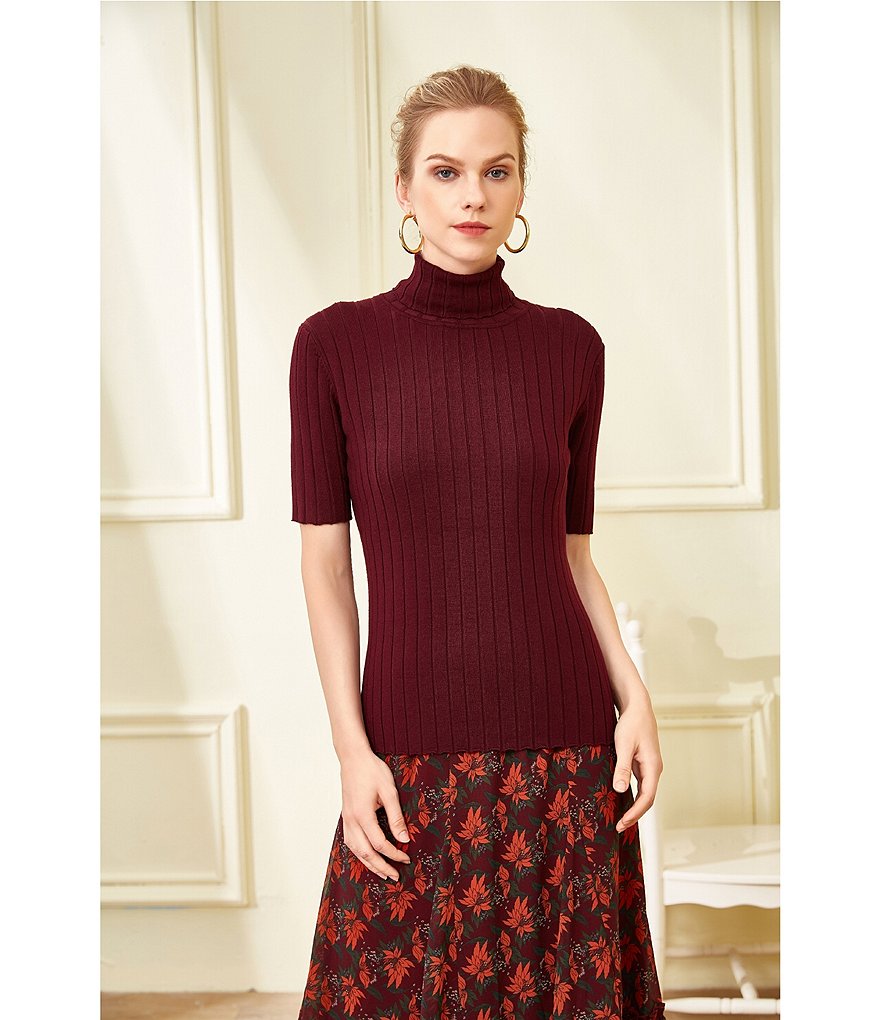 Julie Brown Twiggy Stretch Knit Turtleneck Short Sleeve Pullover Top