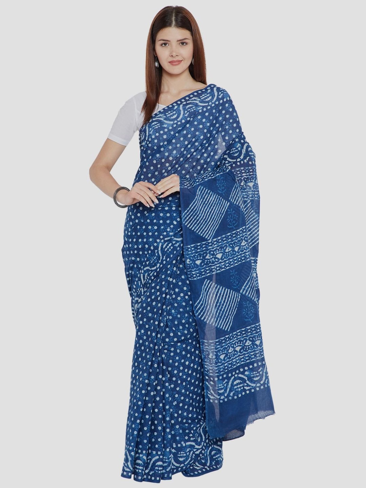 Kalakari India Blue Cotton Printed Saree With Unstitched Blouse