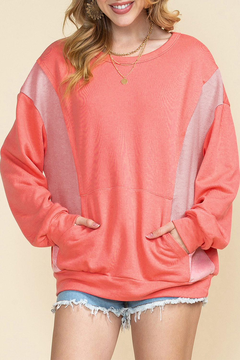 Red Colorblock Exposed Seam Patchwork Sweatshirt