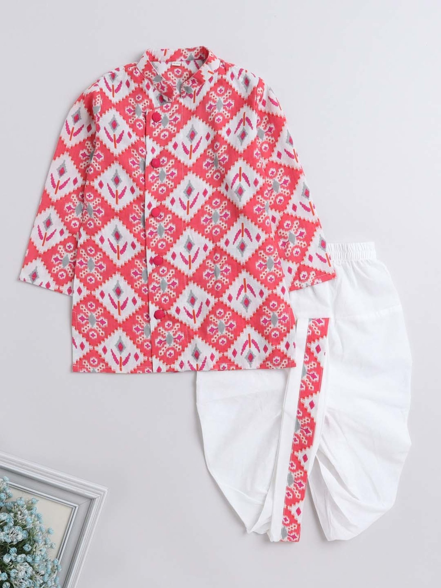 The Magic Wand Kids Red & White Cotton Printed Full Sleeves Kurta Set