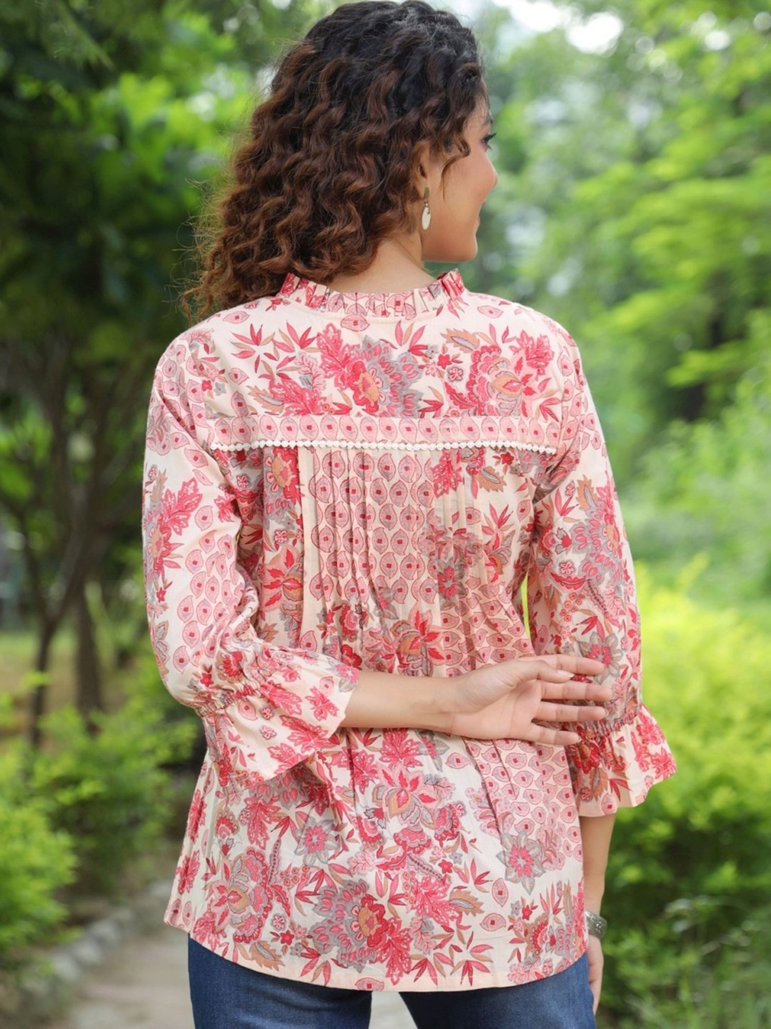 Rain and Rainbow Peach Cotton Floral Print Top