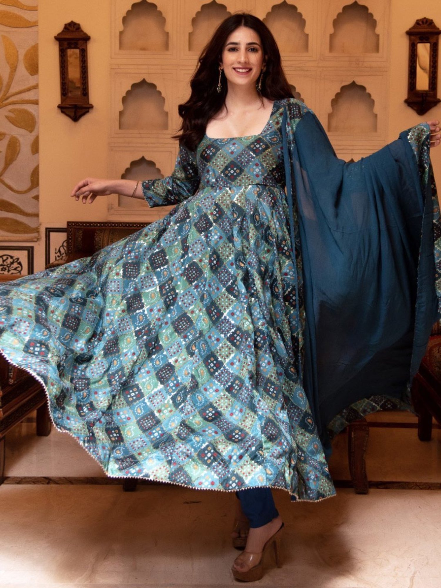 Calmna Naaz Sequin Blue Anarkali Suit Set