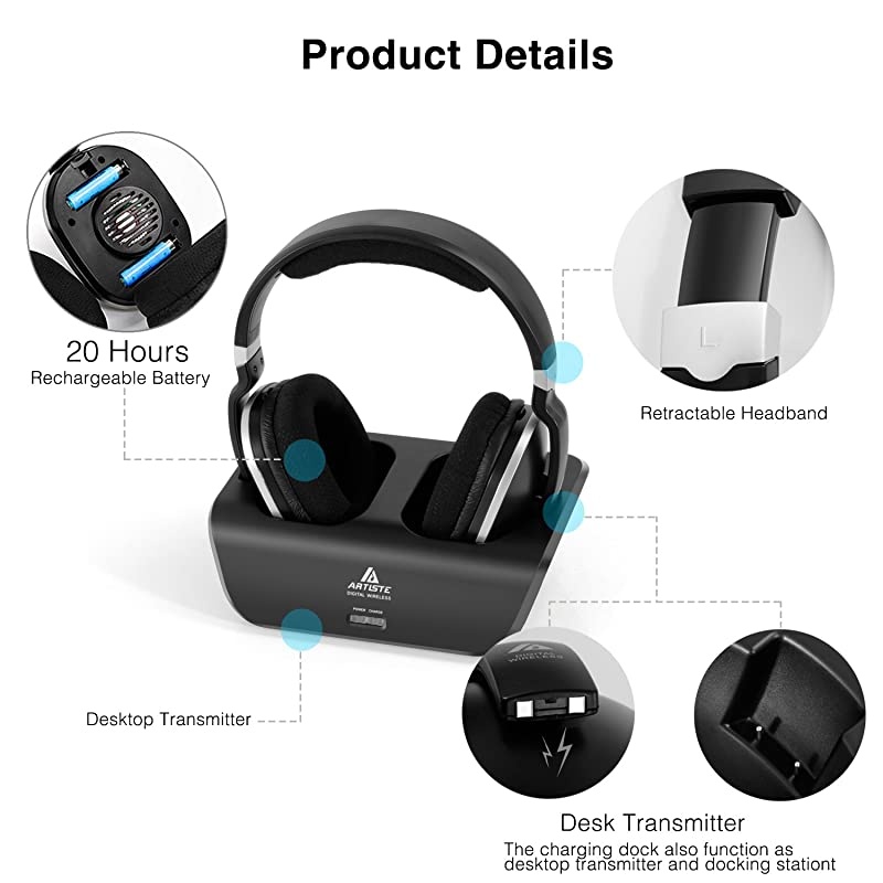 Wireless TV Headphones Over Ear Headsets - Digital Stereo Headsets with 2.4GHz RF Transmitter, Charging Dock, 100ft Wireless Range and Rechargeable 20 Hour Battery, Black
