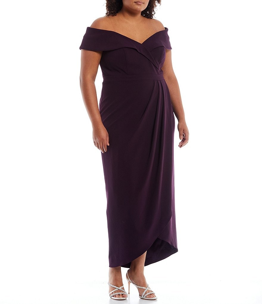 Xscape Plus Size Off-the-Shoulder V-Neck Short Sleeve Tulip Skirt Sheath Gown
