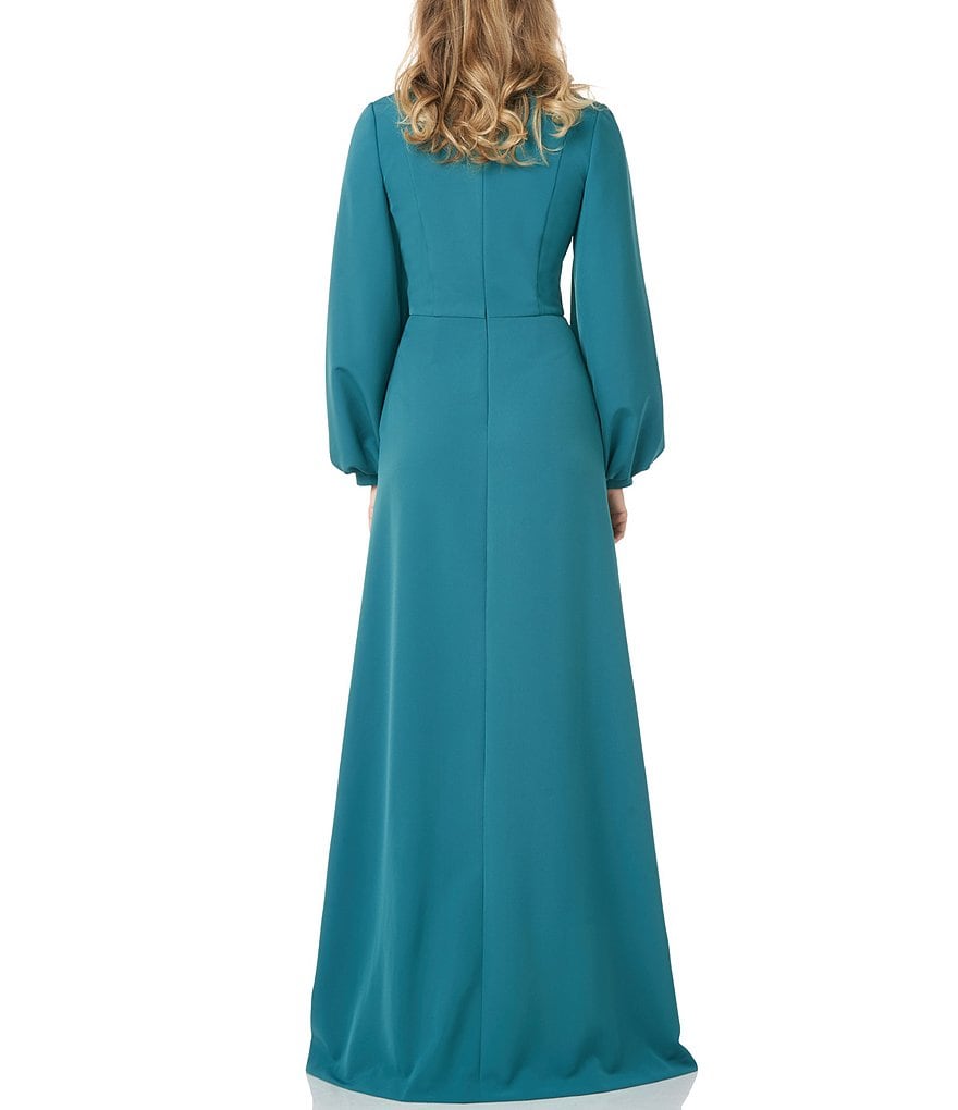 Jkara Chiffon Popover Beaded V-Neck 3/4 Capelet Sleeve Gown