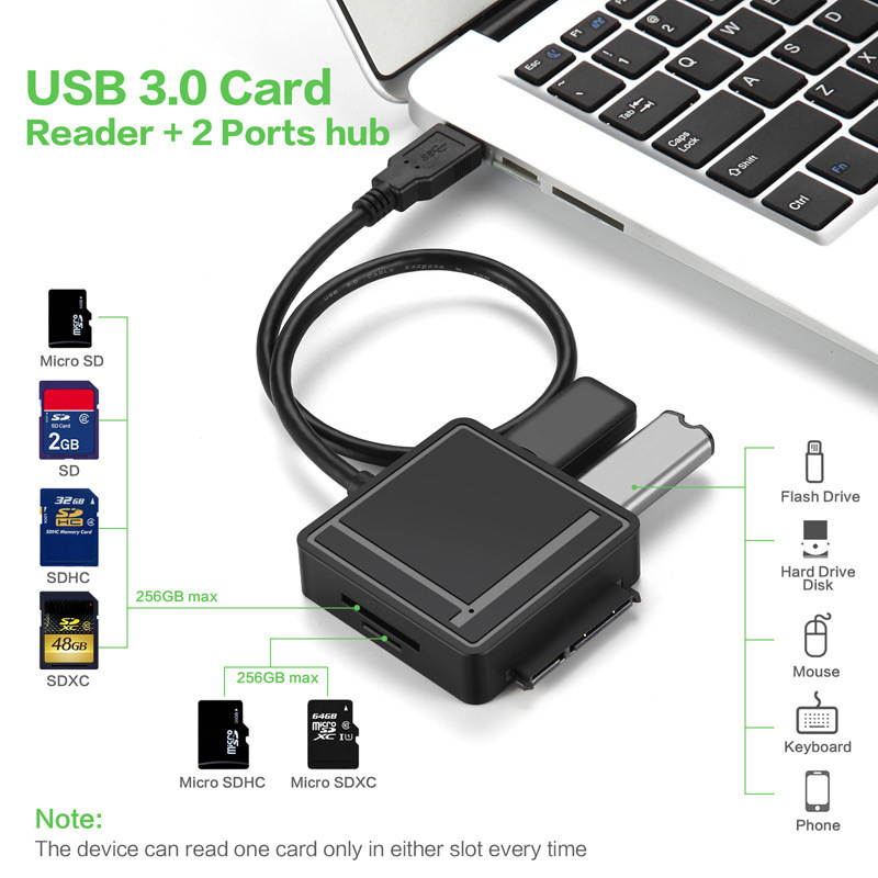 STANSTAR USB 3.0 to SATA Adapter TF SD Card Reader USB 3.0 Hub 2 Ports Converter 3 IN 1 for 2.5&rdquo; 3.5&rdquo; HDD Hard Drive