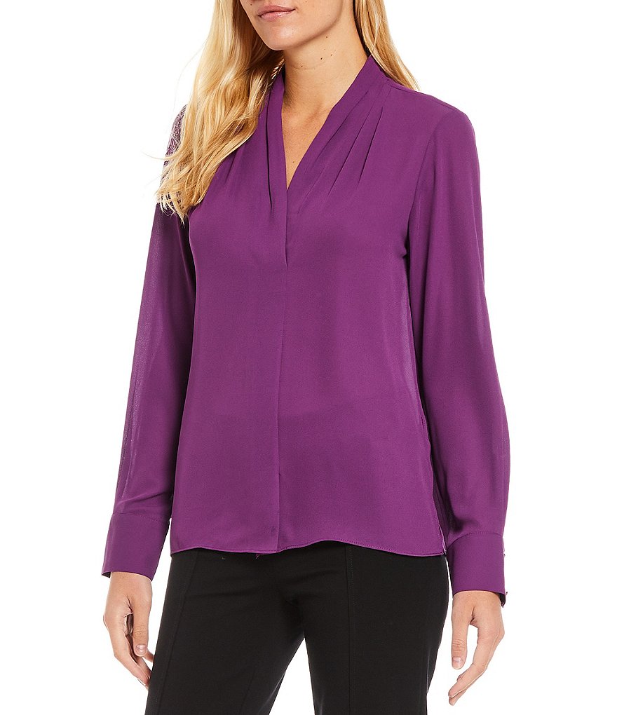 Preston & York Caroline Bow Woven V-Neck 3/4 Sleeve Blouse