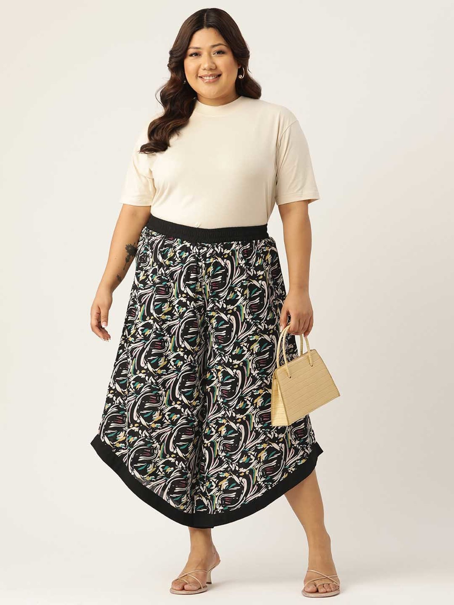 theRebelinme Black Printed Relaxed Fit High Rise Plus Size Culottes