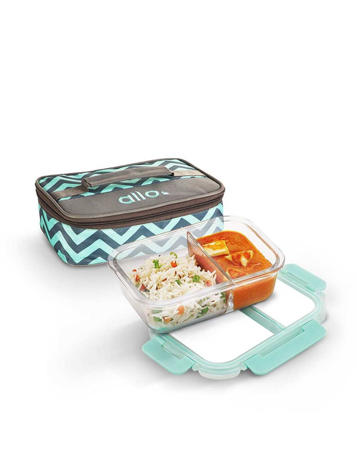 Allo Borosilicate Glass Lunch Box Microwave Safe With Detachable Lock and Chevron Mint Tiffin Bag