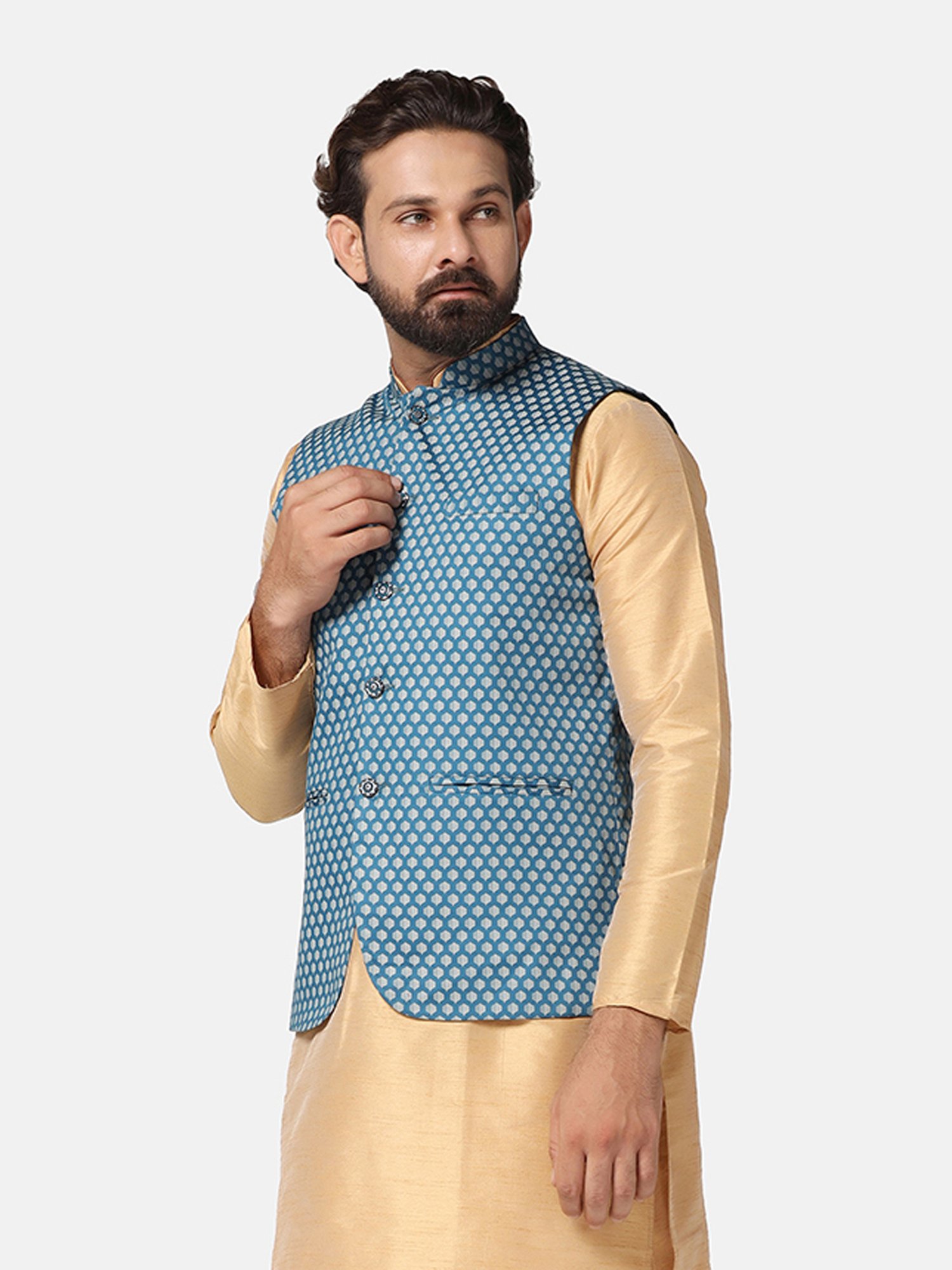 TAHVO Teal Blue Slim Fit Printed Nehru Jacket
