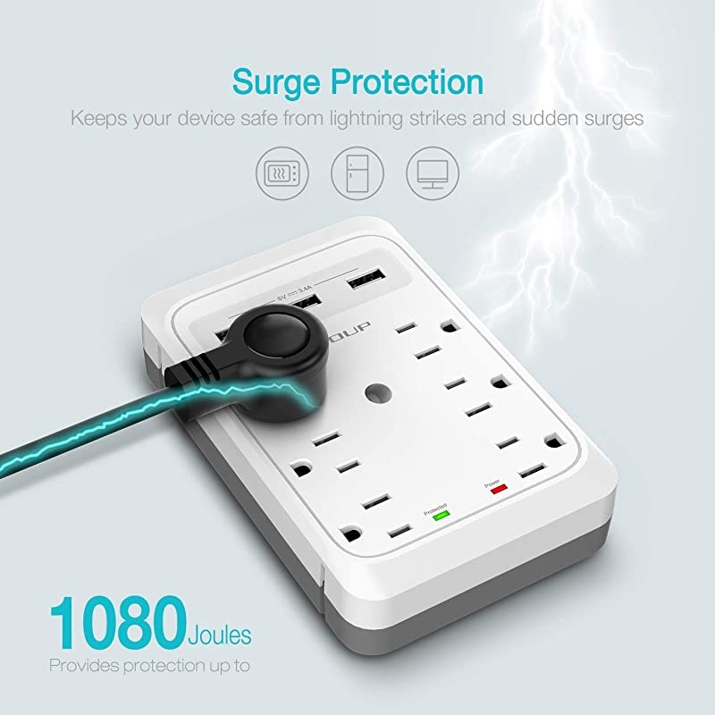 Multiple Outlet Wall Plug Surge Protector with 3 USB Ports Smart 34A Total 6 Outlet Extender Splliter Adapter for Dorm Room Home amp Office 1080Joules
