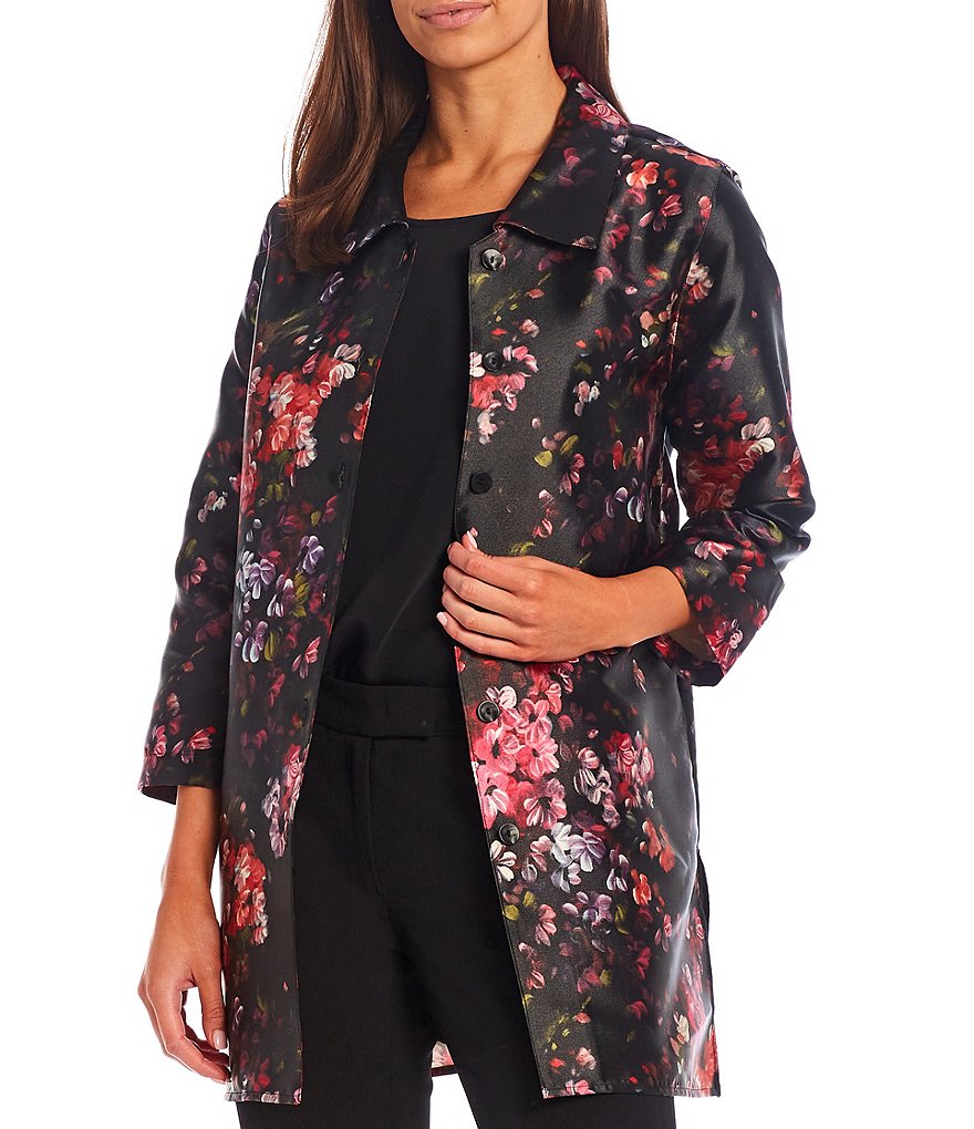 Caroline Rose Gem Garden Floral Print Point Collar Neck 3/4 Bracelet Sleeve Shirt Jacket