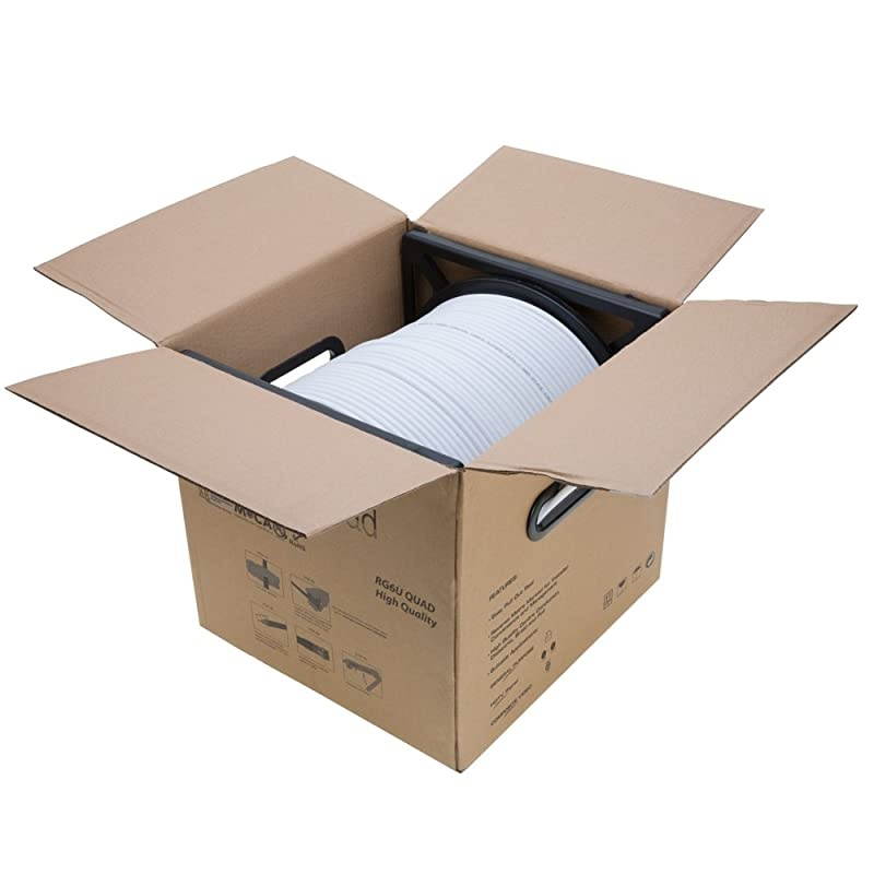 1000FT White RG6 Quad Shielded Coax Cable Satellite TV Coaxial Wire, 18 AWG Copper Clad Steel Conductor, Foam PE Core, 60% Aluminum Braid, PVC Jacket, Reel in Box