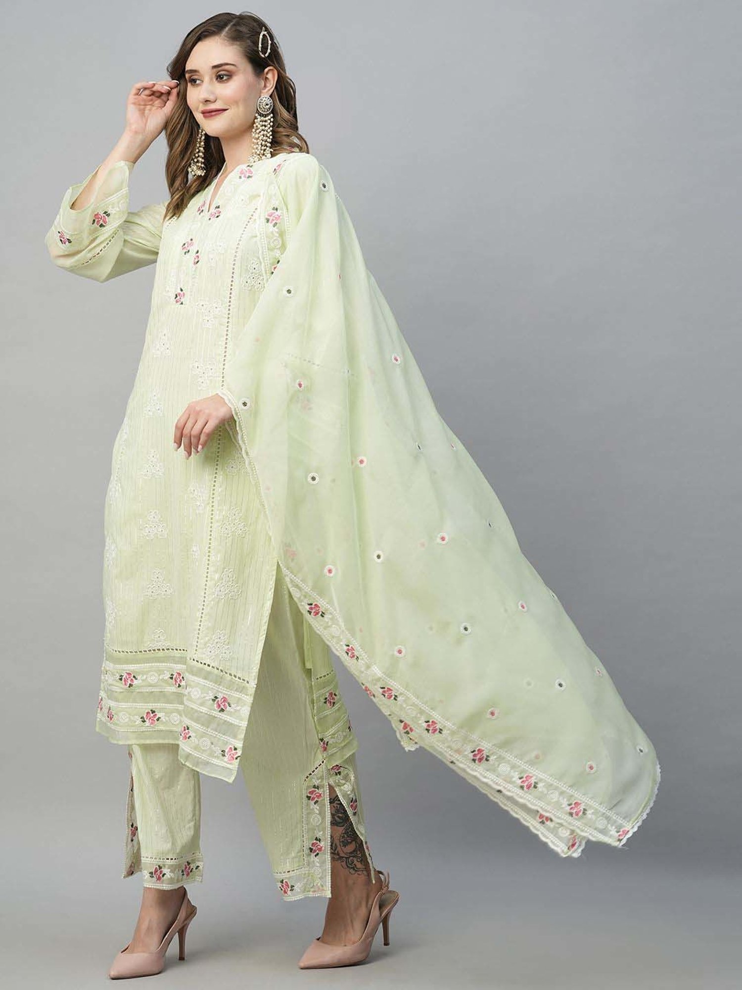 Heeposh Green Cotton Embroidered Kurta Palazzo Set With Dupatta
