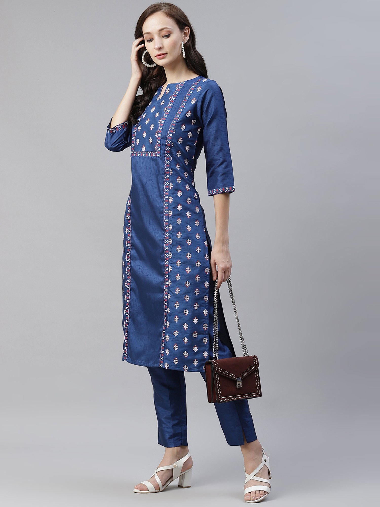 Ziyaa Blue & Gold Floral Print Kurta Pant Set
