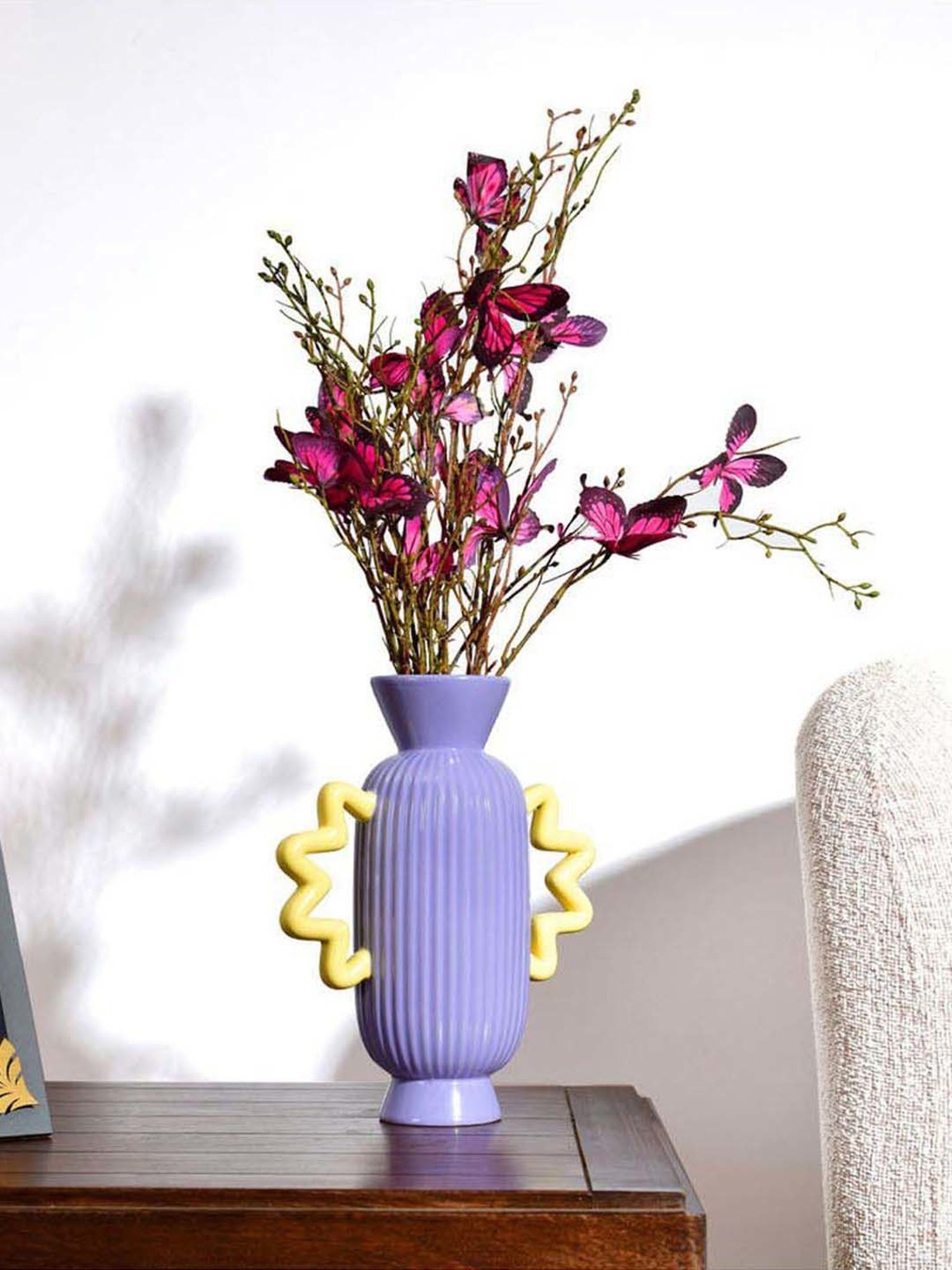@home Purple & Yellow Dolomite Decorative Fluted Design Vase With 2 Curvy Handles