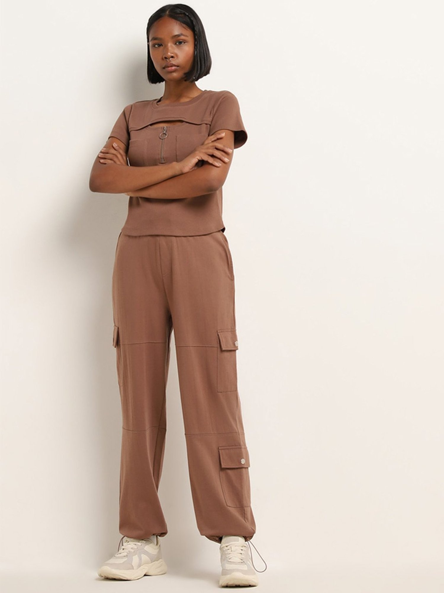 Studiofit by Westside Brown Parachute-Style High-Rise Track Pants
