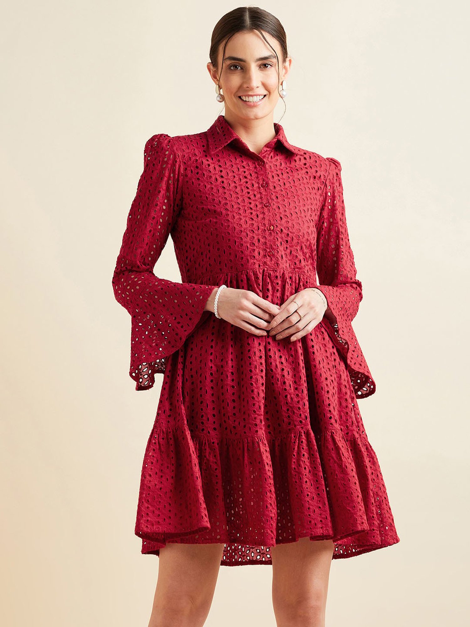 PANIT Maroon Cotton Embroidered Ethnic Dress