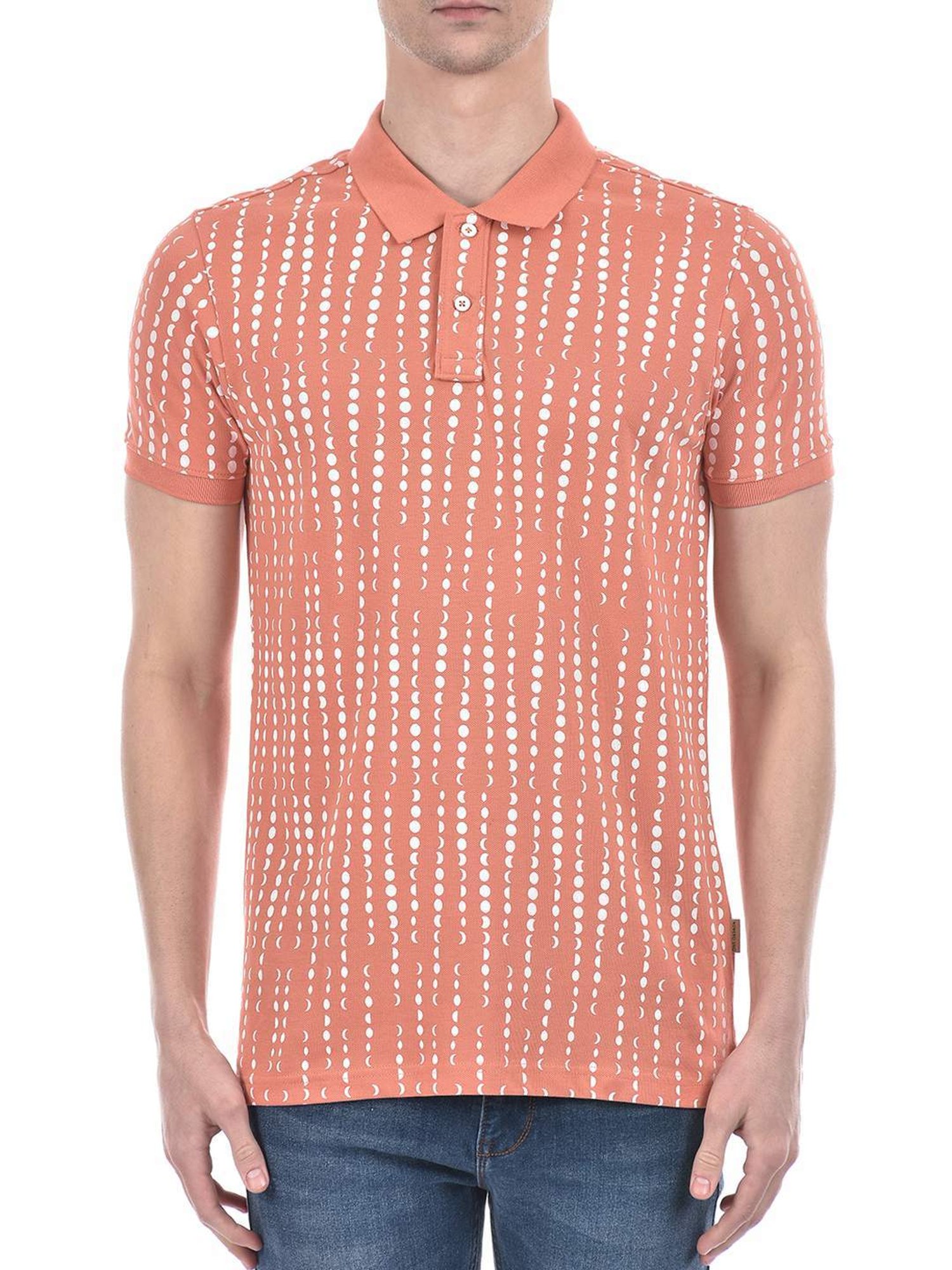 Numero Uno Dusty Orange Cotton Slim Fit Printed Polo T-Shirt